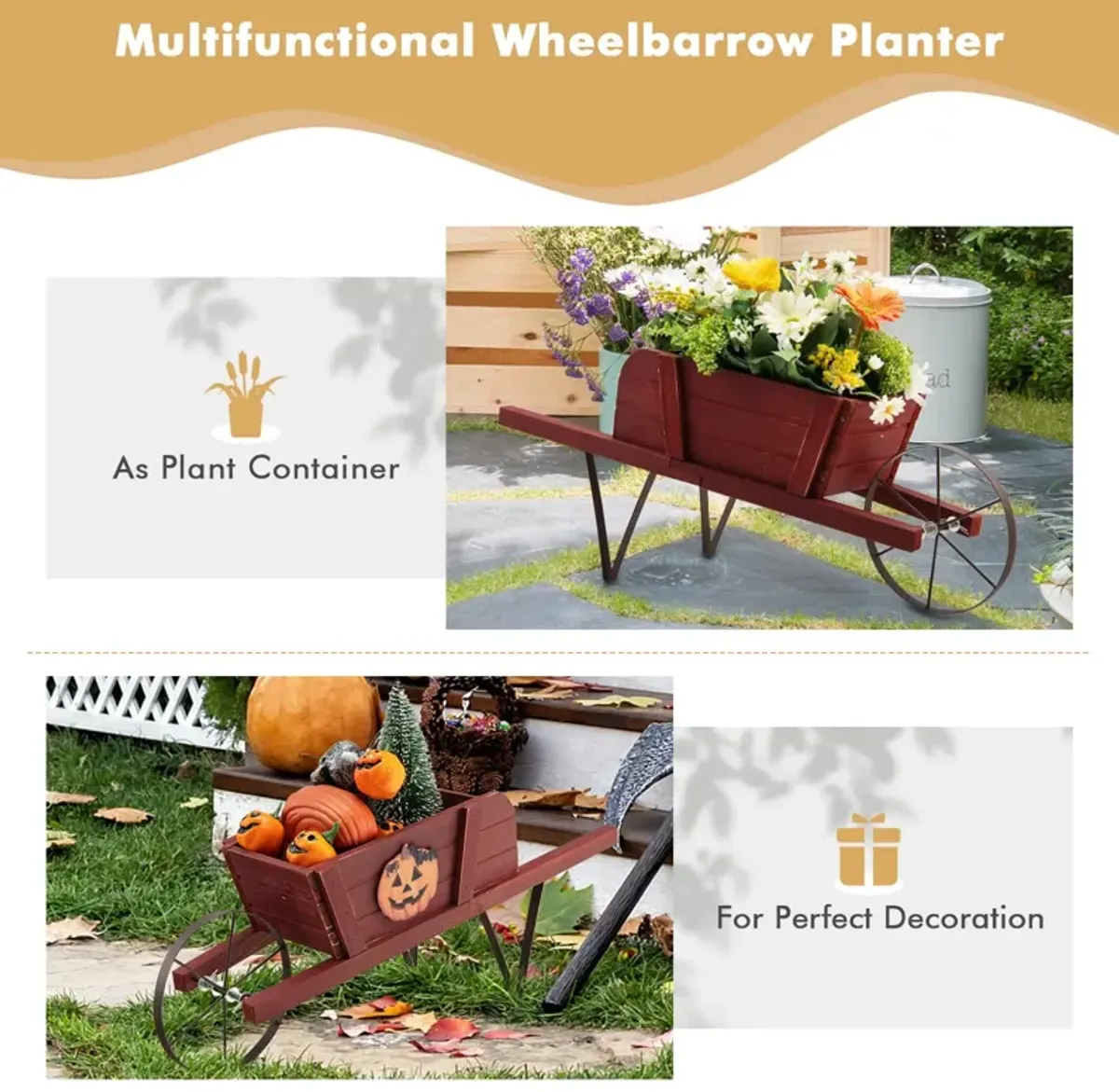 Wooden Wagon Planter with 9 Magnetic Accessories for Garden Yard