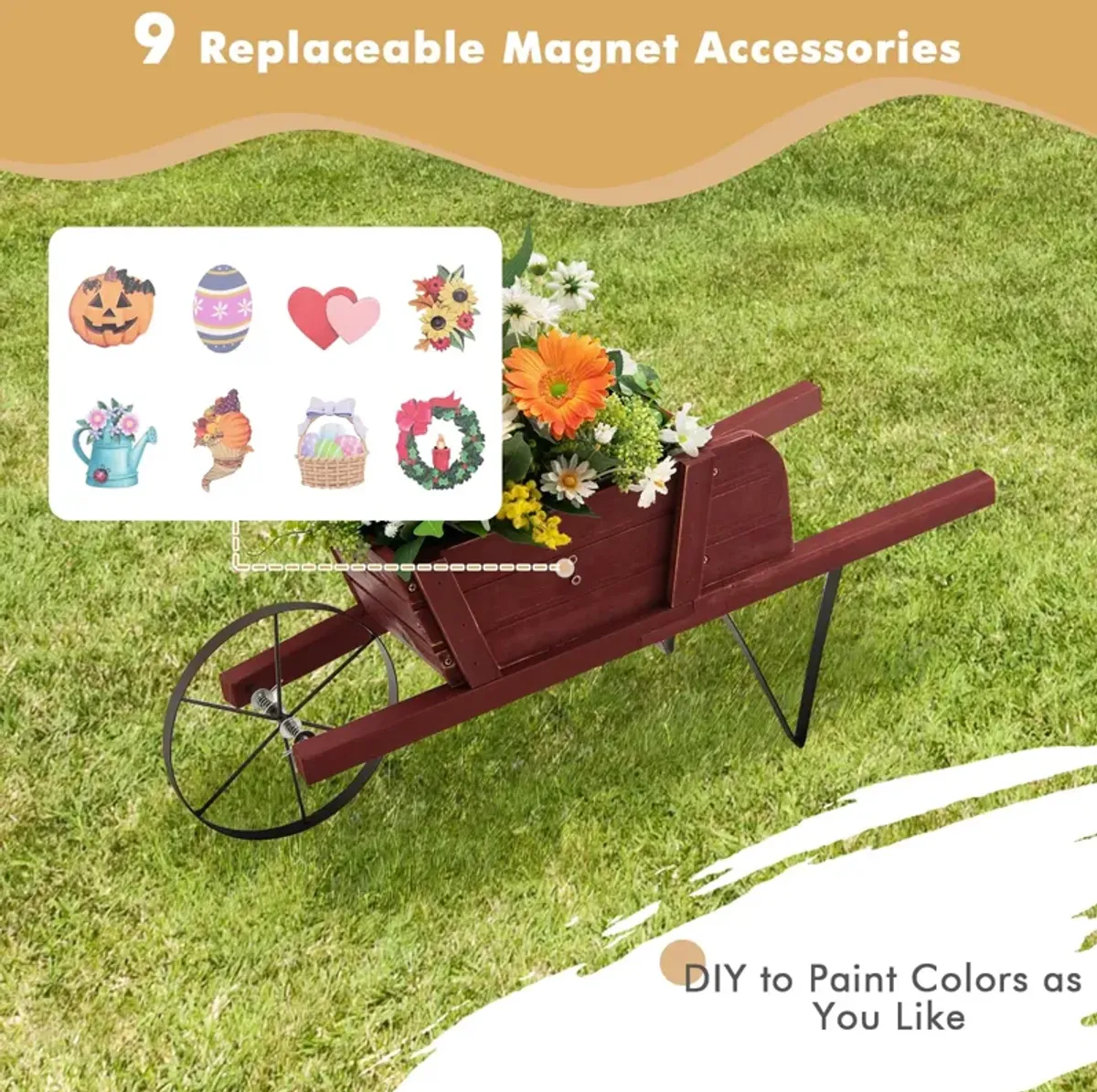 Wooden Wagon Planter with 9 Magnetic Accessories for Garden Yard