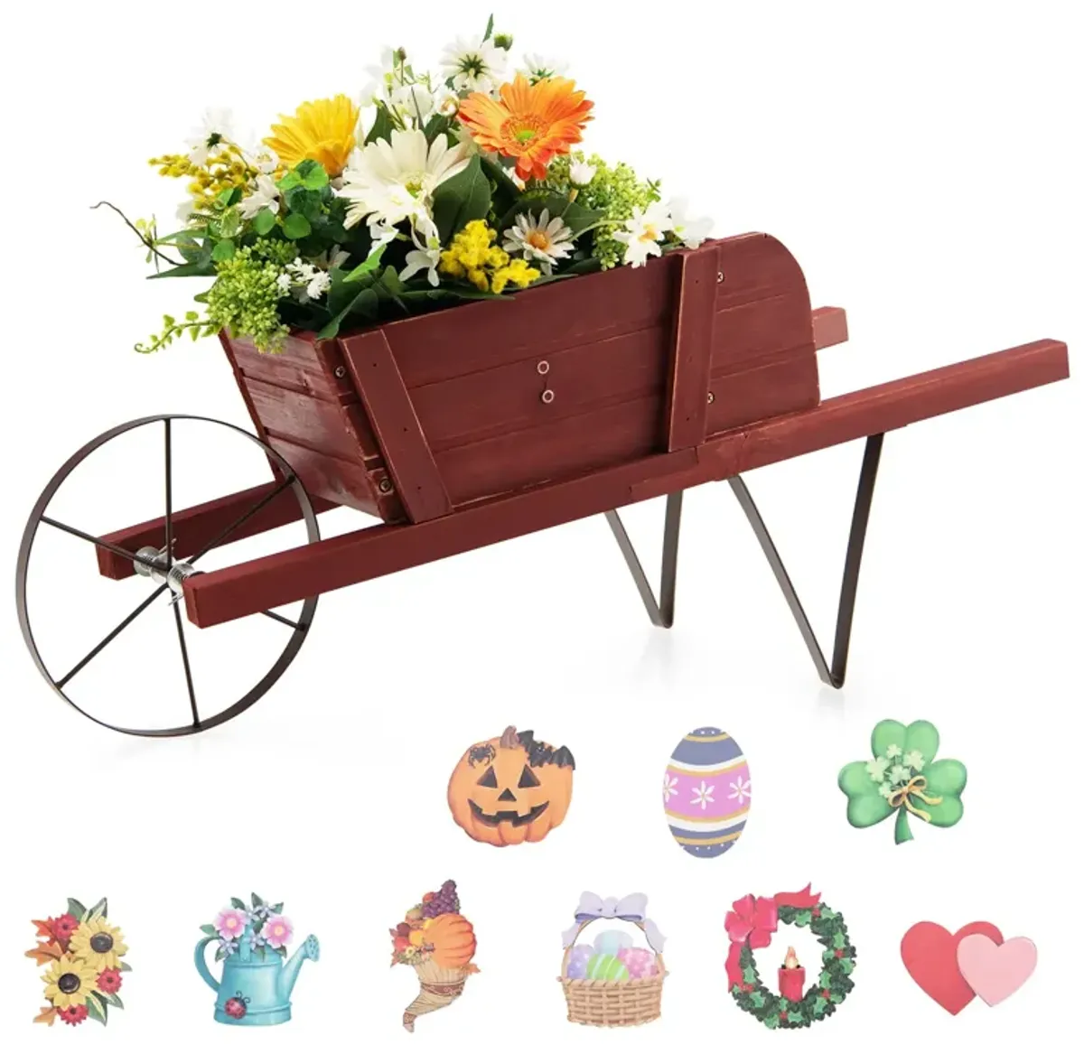 Wooden Wagon Planter with 9 Magnetic Accessories for Garden Yard