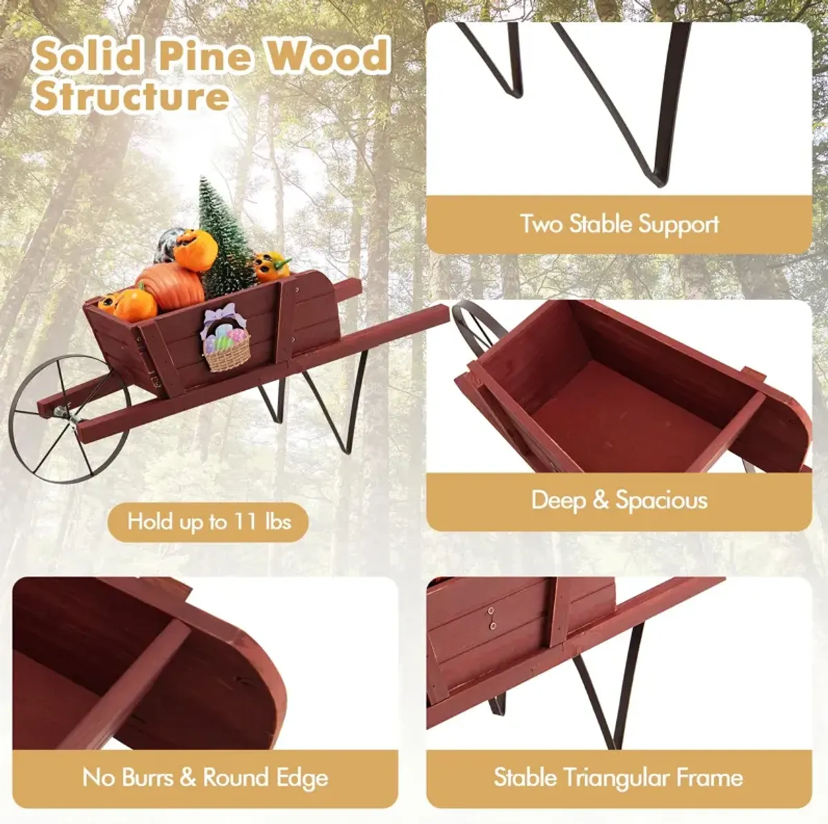 Wooden Wagon Planter with 9 Magnetic Accessories for Garden Yard