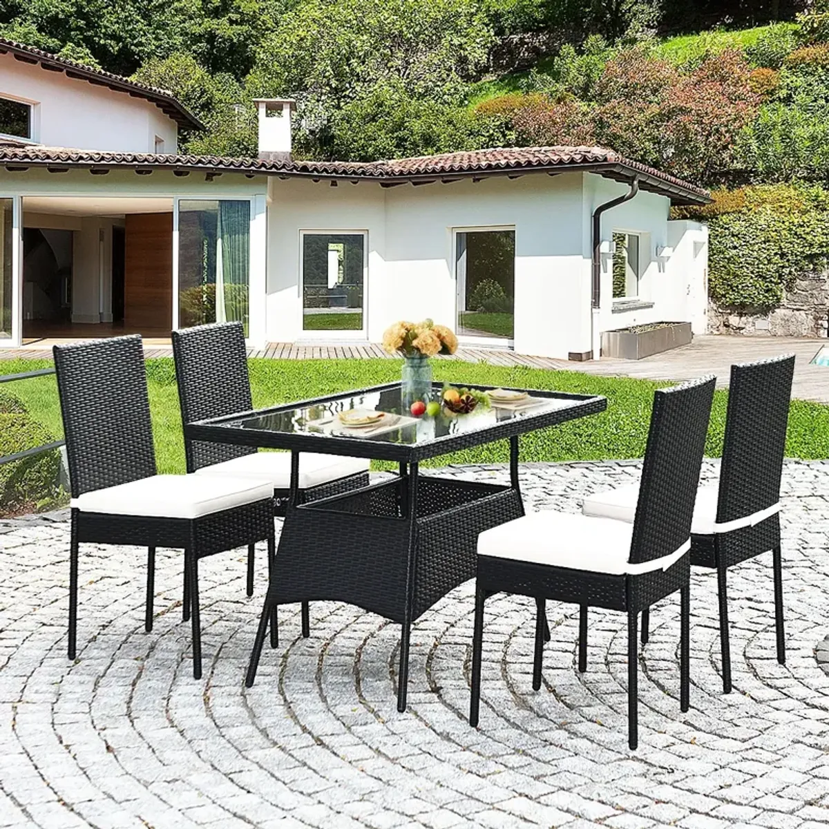 5 Pieces Rattan Dining Set Glass Table High Back Chair