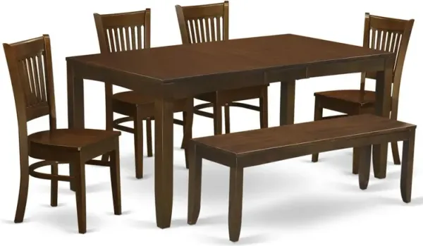 6-Pc Table with a 12" Leaf and 4 Wood Chairs Plus Bench
