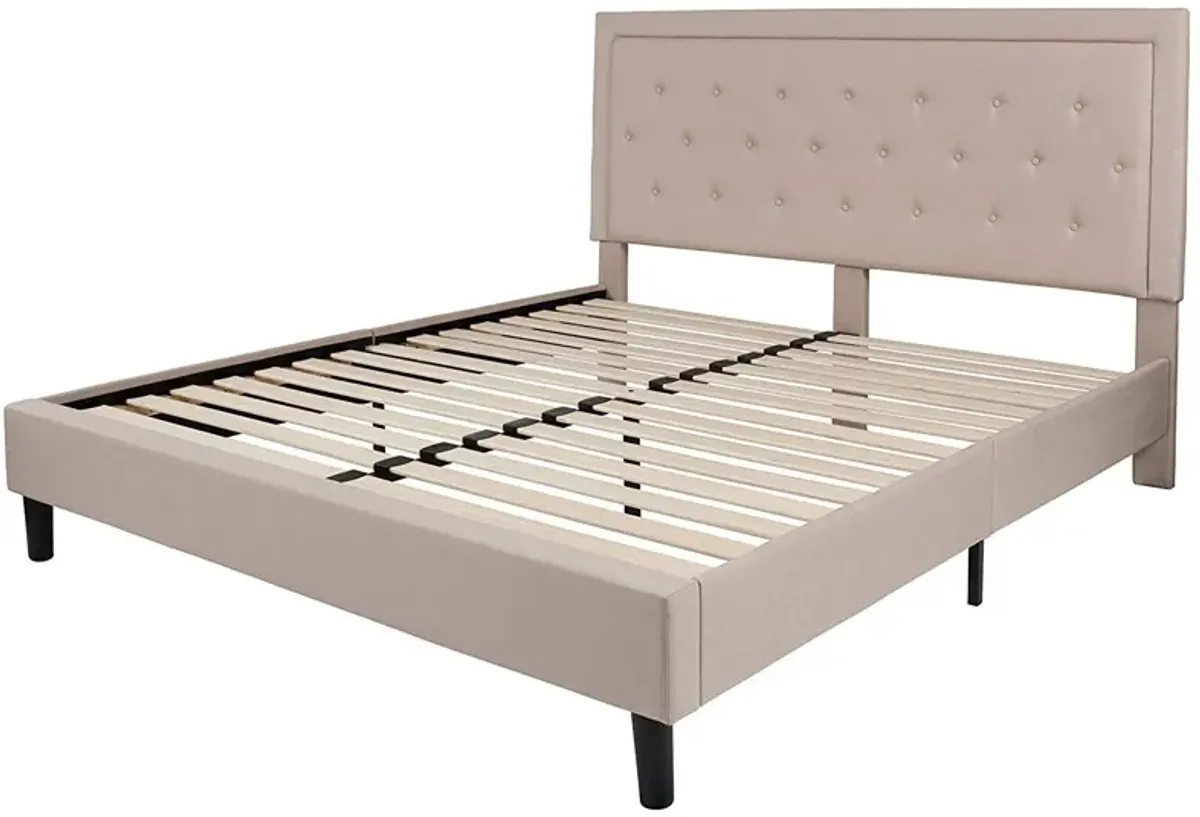 Hivvago King Beige Upholstered Platform Bed Frame with Button Tufted Headboard