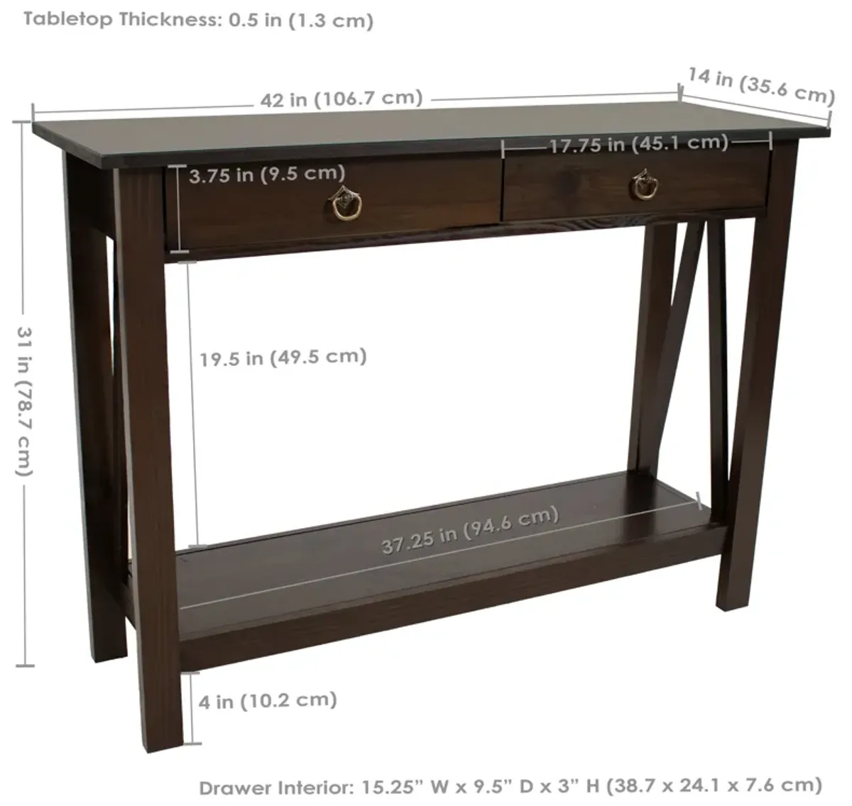 Sunnydaze Solid Pine 2-Drawer Console Table - 42 in - Dark Brown