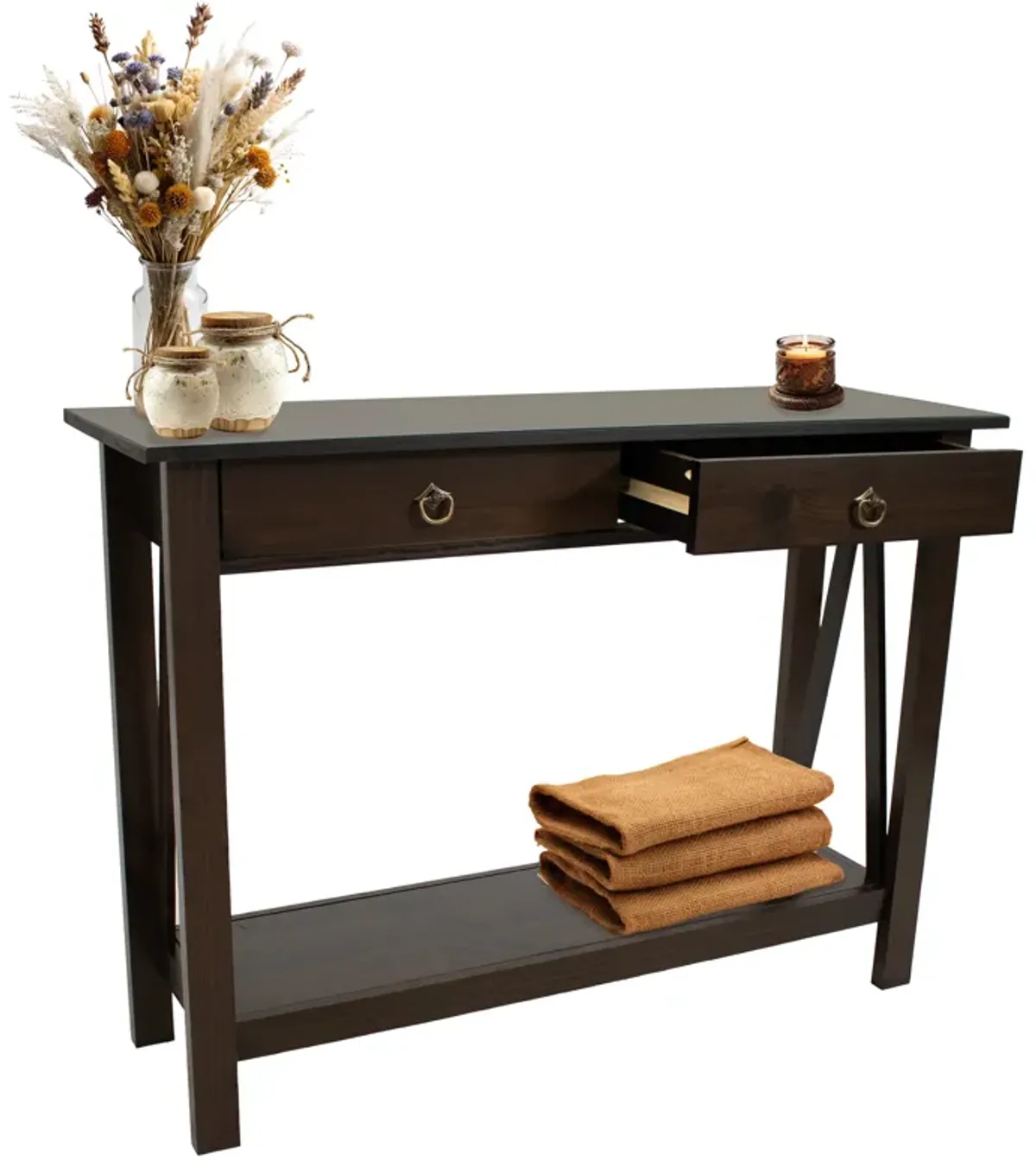 Sunnydaze Solid Pine 2-Drawer Console Table - 42 in - Dark Brown