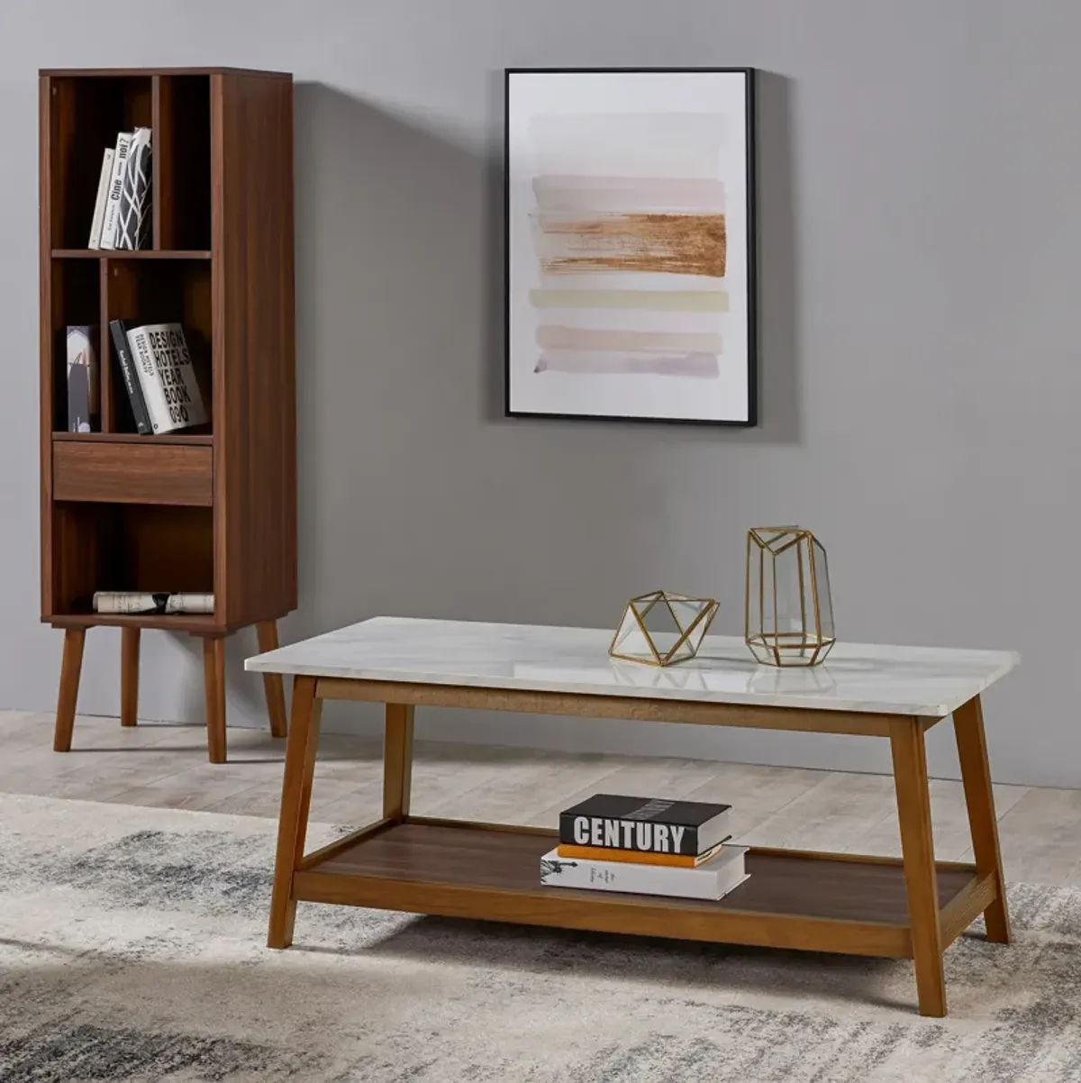 Teamson Home Kingston Wooden Coffee Table with Storage and Marble-Look Top, Faux Marble/Walnut