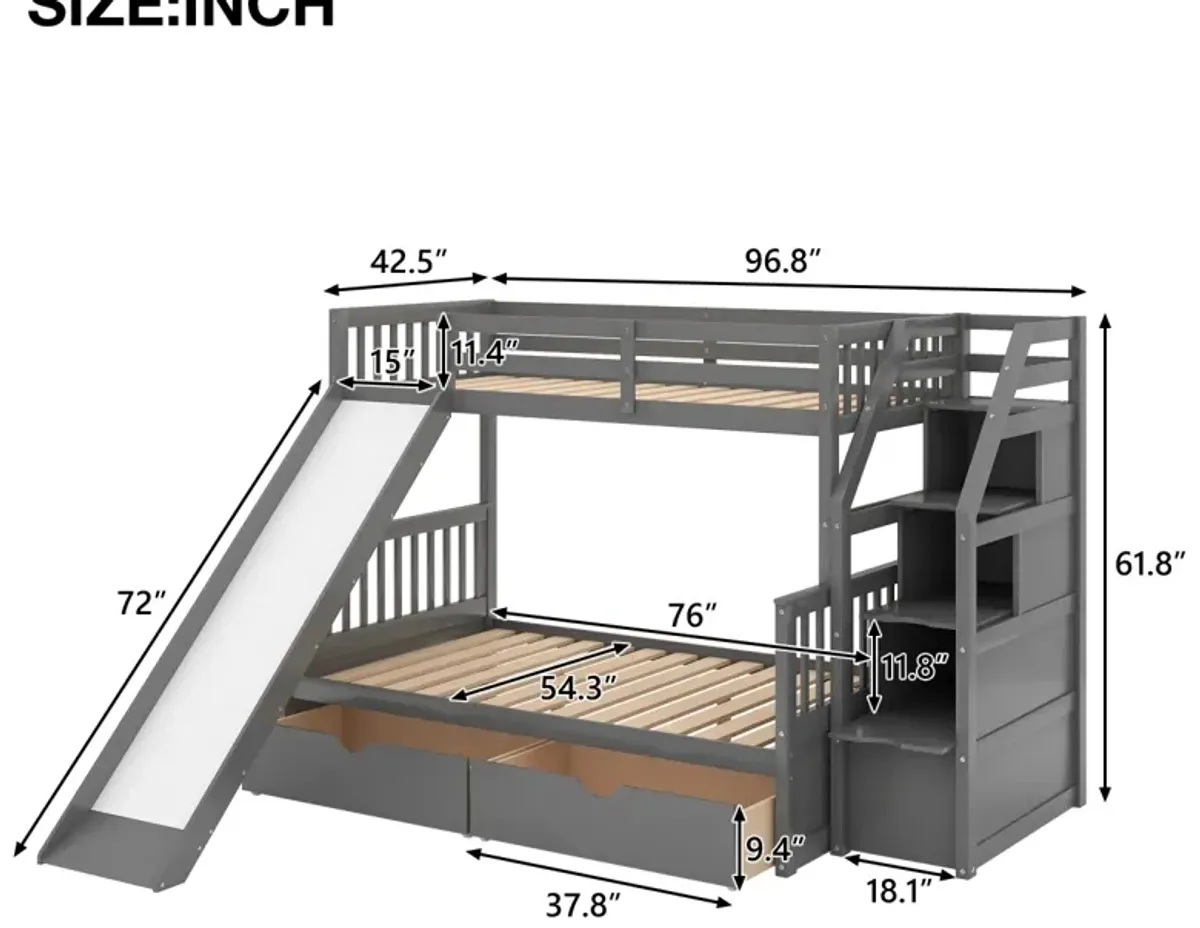 Twin Over Full Bunk Bed With Drawers, Storage And Slide, Multifunction