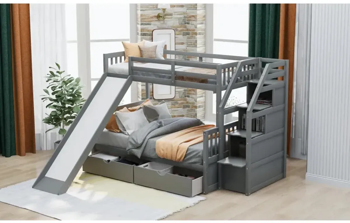 Twin Over Full Bunk Bed With Drawers, Storage And Slide, Multifunction