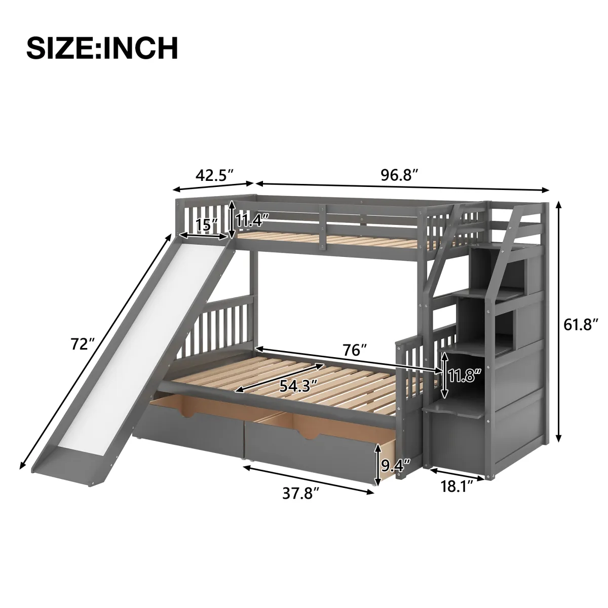 Twin Over Full Bunk Bed With Drawers, Storage And Slide, Multifunction