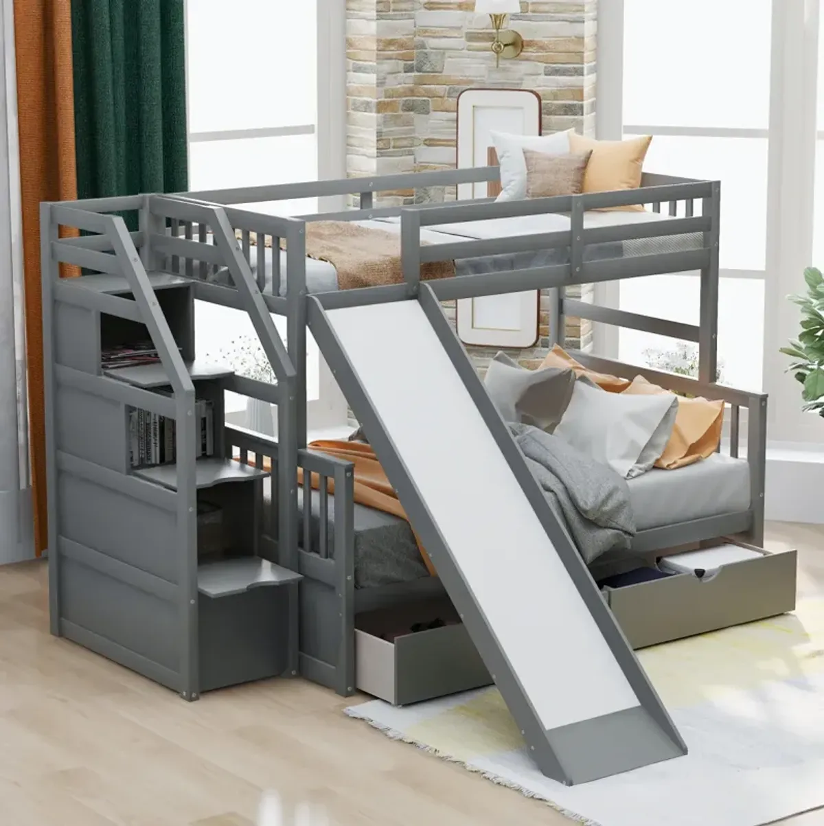 Twin Over Full Bunk Bed With Drawers, Storage And Slide, Multifunction