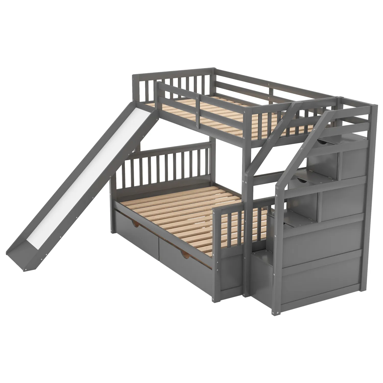 Twin Over Full Bunk Bed With Drawers, Storage And Slide, Multifunction