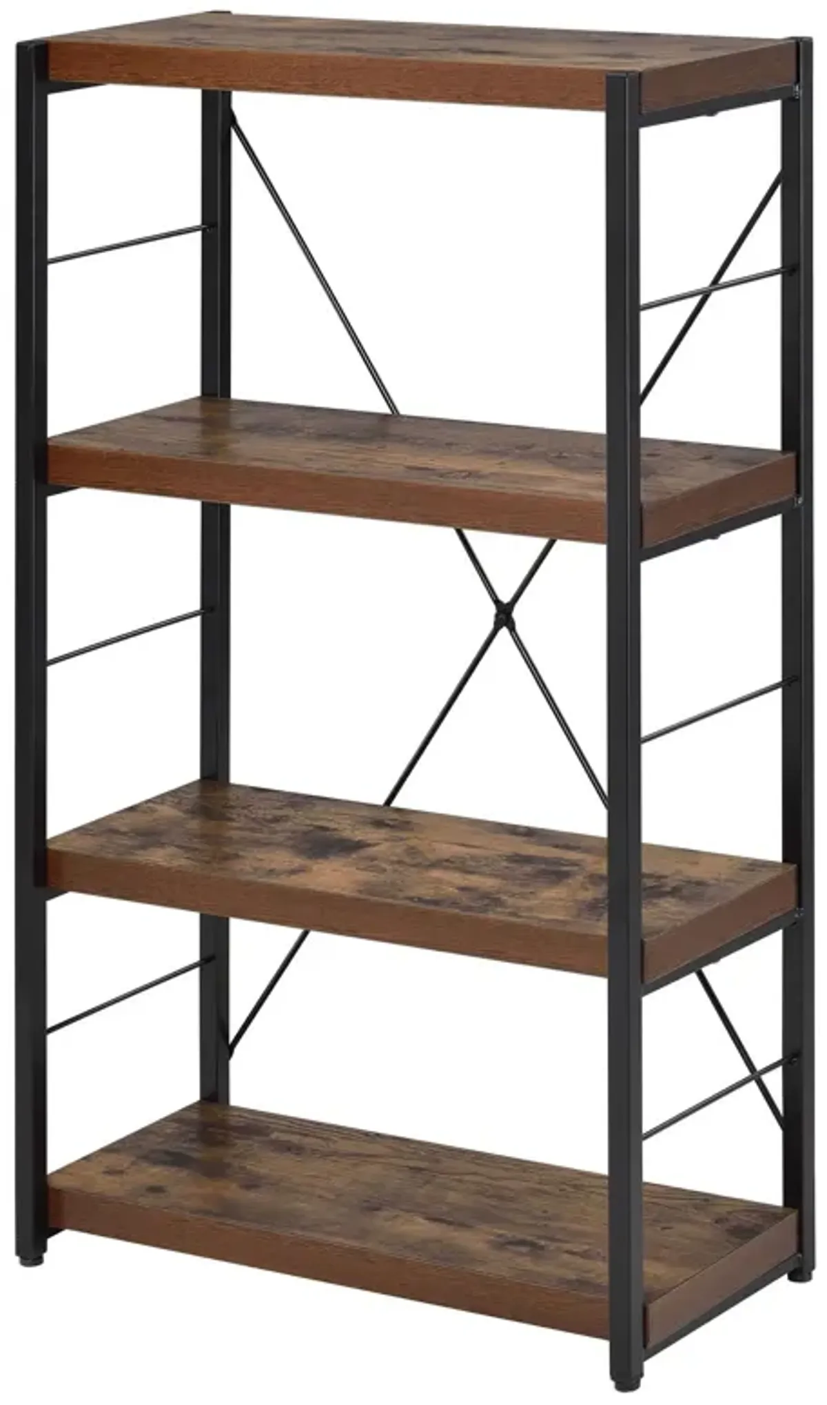 4 Tiered Metal Framed Wooden Bookshelf, Weathered Oak Brown and Black-Benzara