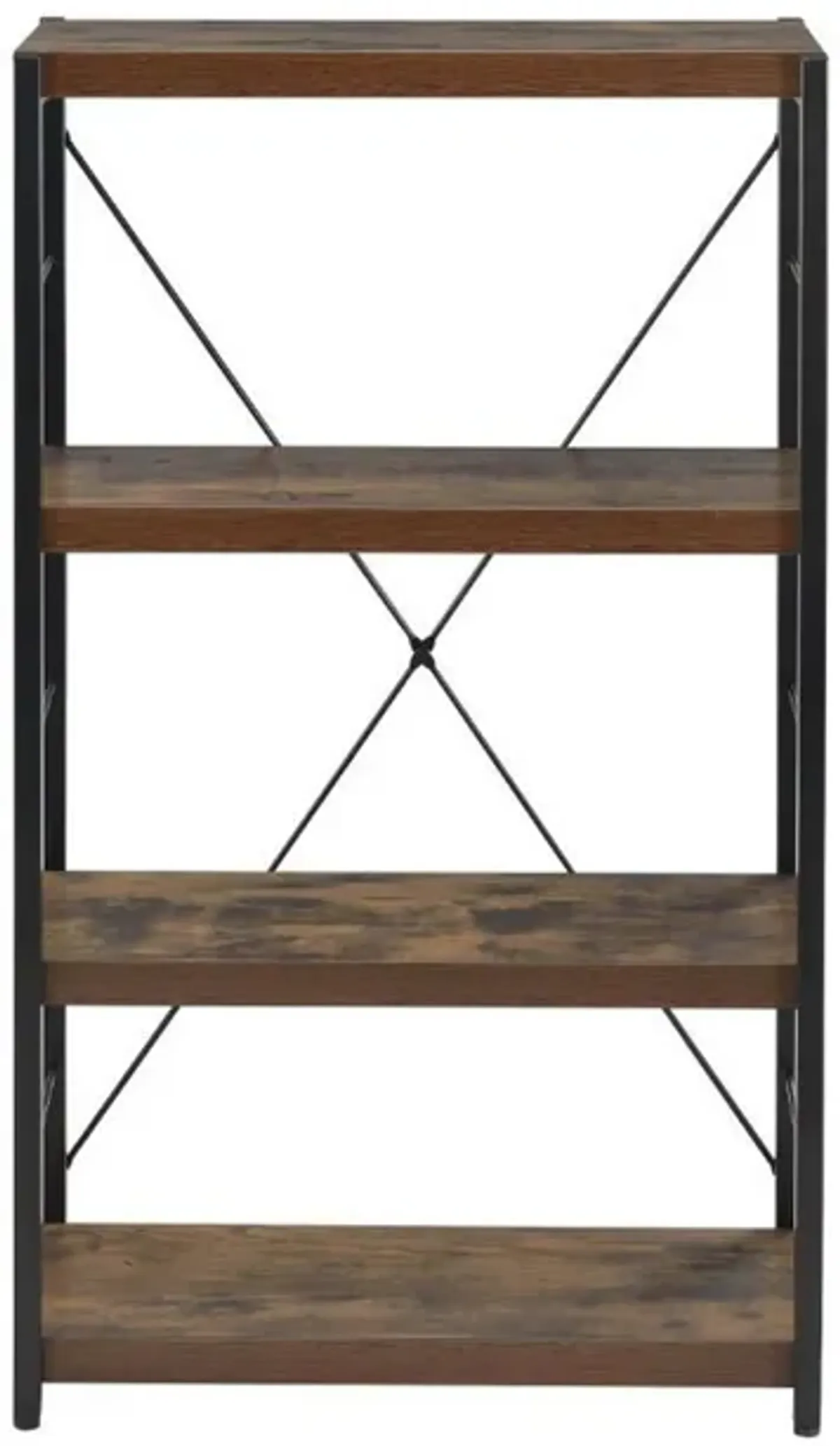 4 Tiered Metal Framed Wooden Bookshelf, Weathered Oak Brown and Black-Benzara