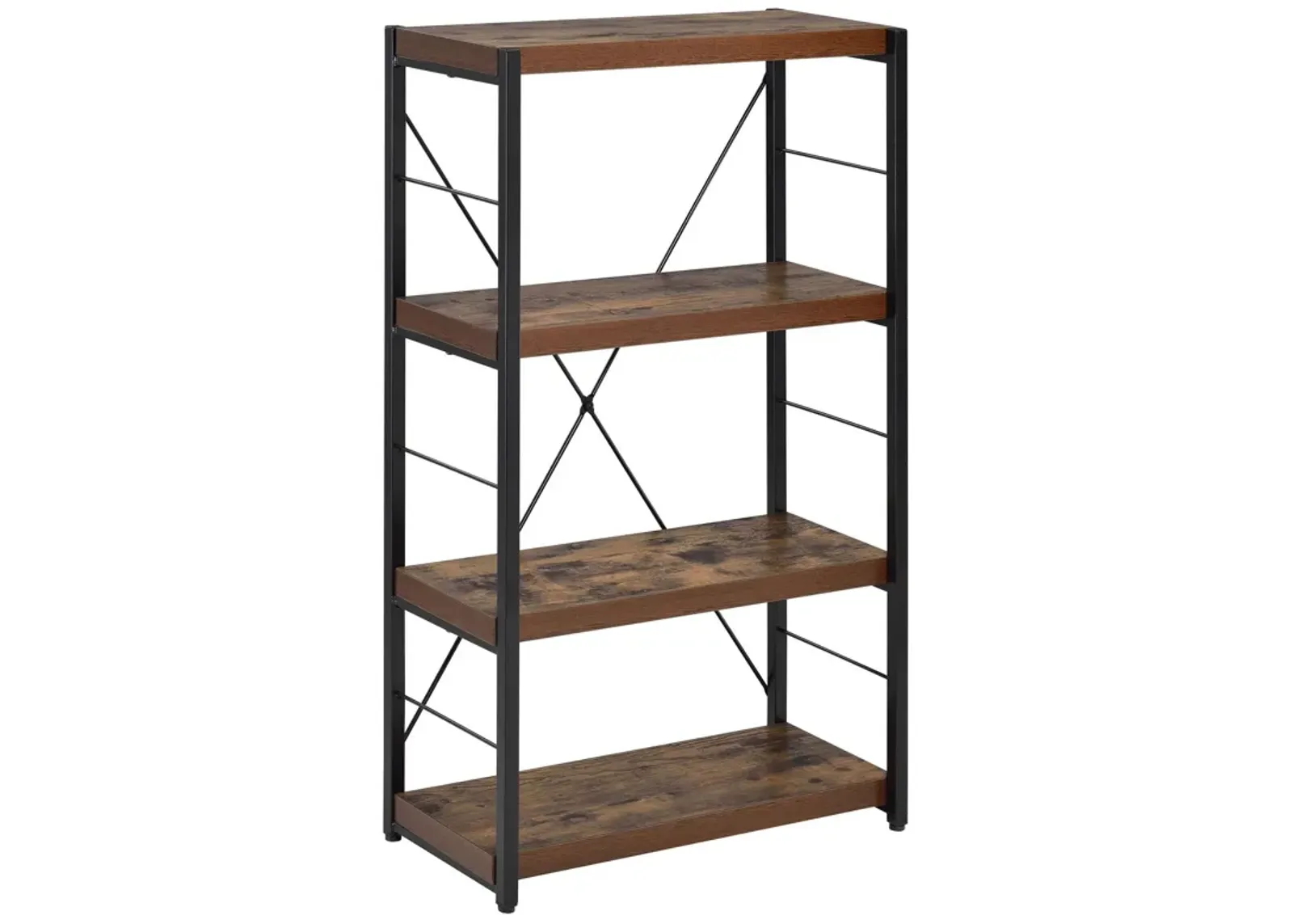 4 Tiered Metal Framed Wooden Bookshelf, Weathered Oak Brown and Black-Benzara