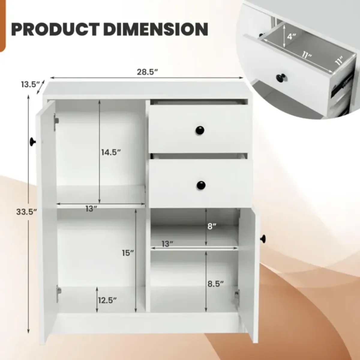 Hivvago 2-Door Free-standing Kitchen Sideboard with Adjustable Shelves-White