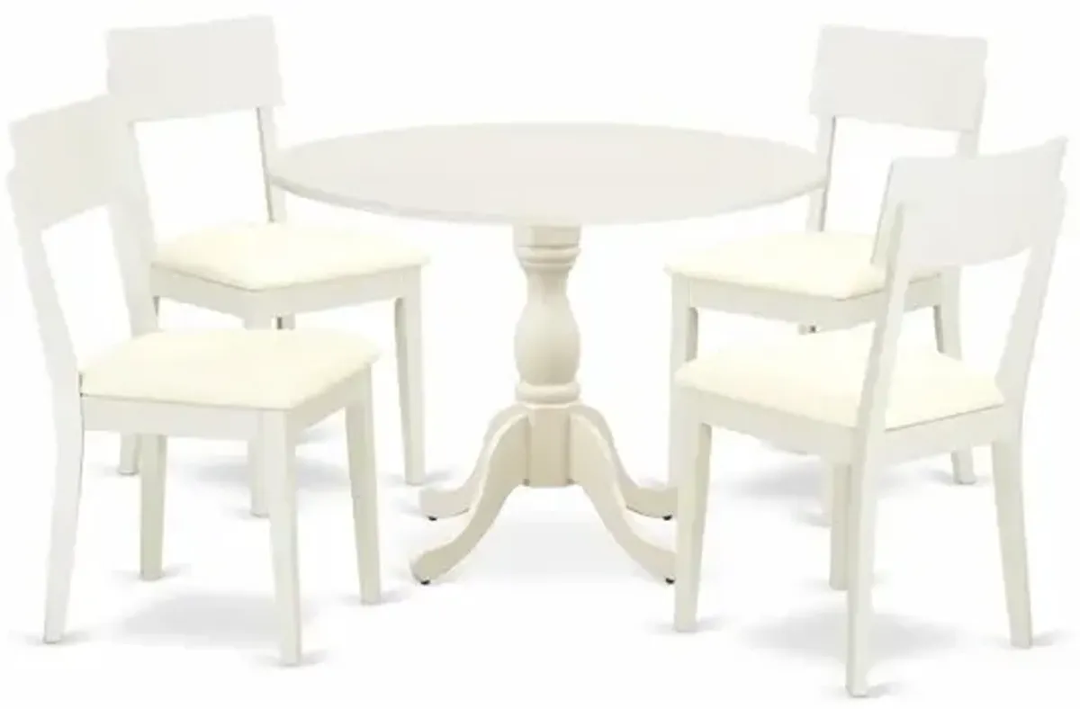 East West Furniture DMAD5-LWH-C 5 Piece Dining Room Set Consists of 1 Drop Leaves Dining Table and 4 Linen White Faux Leather Dining Chair with Ladder Back - Linen White Finish