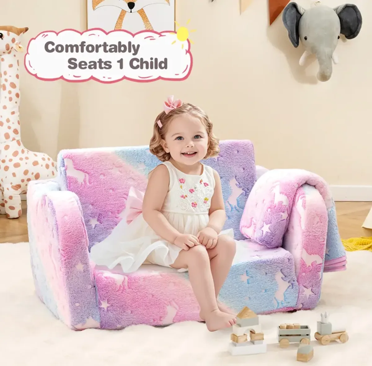 2-in-1 Kids Foldable Couch and Lounger with Glow-in-the-Dark Blanket