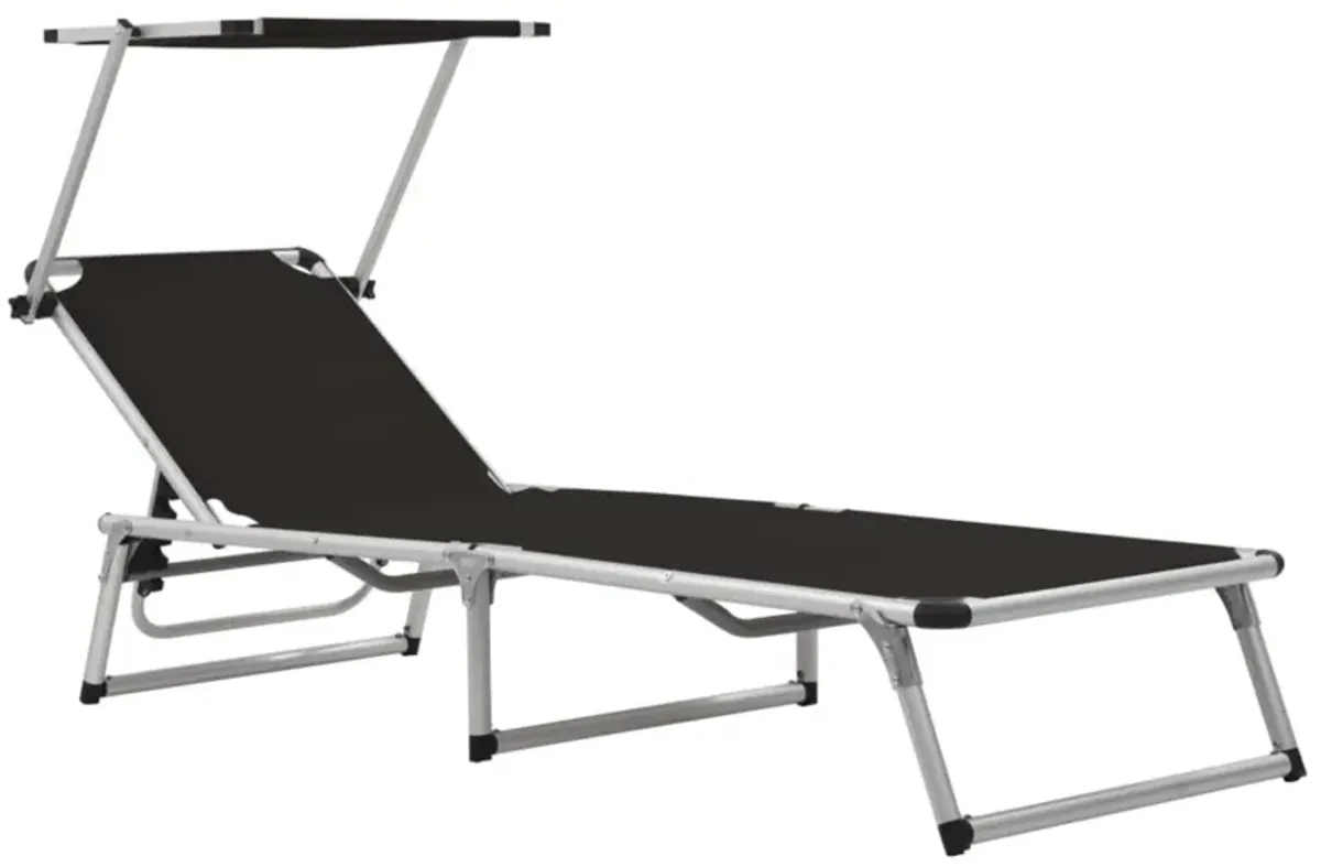 vidaXL Folding Sun Lounger with Roof Aluminium and Textilene Black