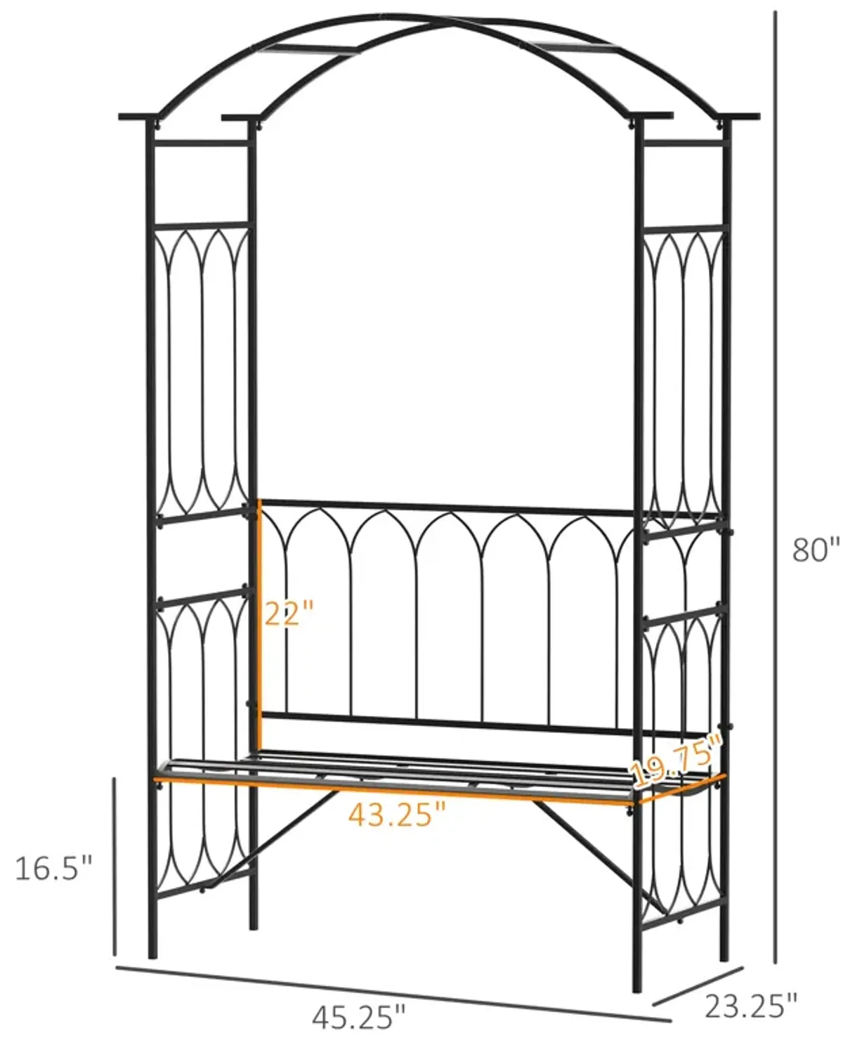 45� Steel Metal Outdoor Garden Arbor Archway with Bench Seating Black