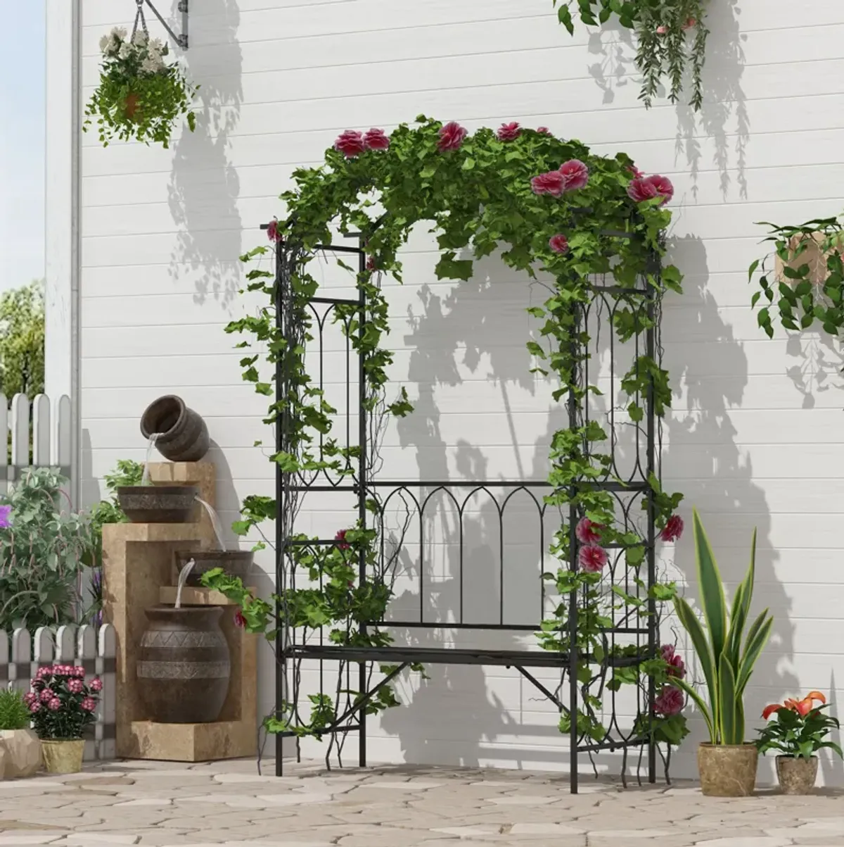 45� Steel Metal Outdoor Garden Arbor Archway with Bench Seating Black