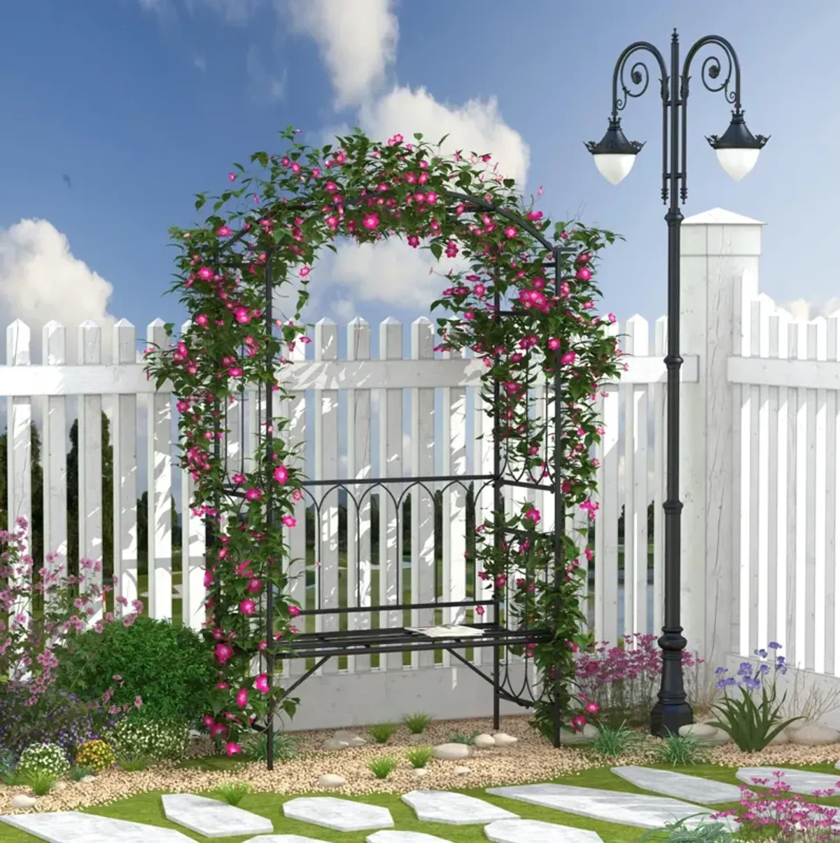 45� Steel Metal Outdoor Garden Arbor Archway with Bench Seating Black