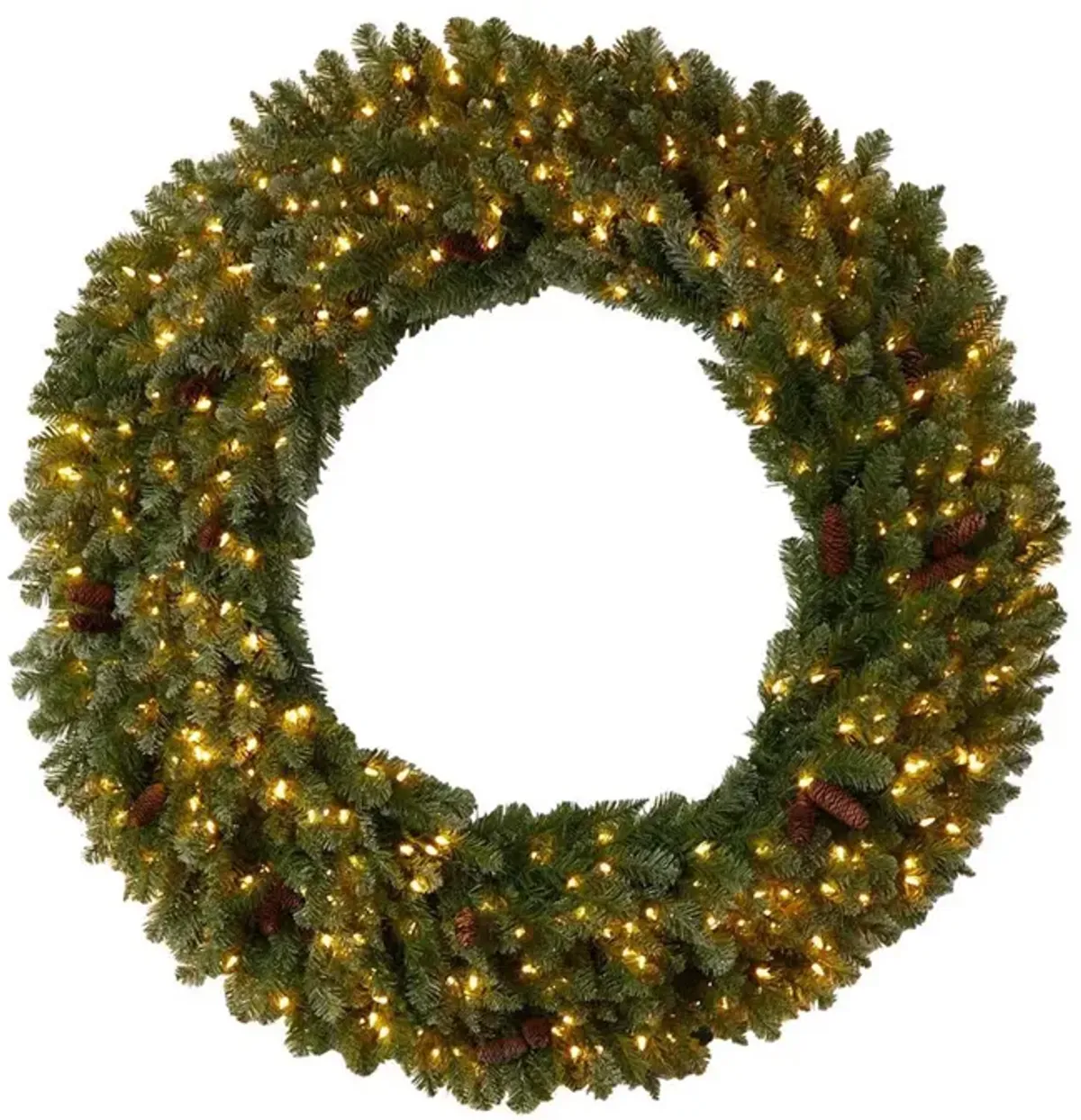 Nearly Natural 5-ft Flocked Artificial Christmas Wreath with Pinecones, 300 Clear LED Lights and 680 Bendable Branches