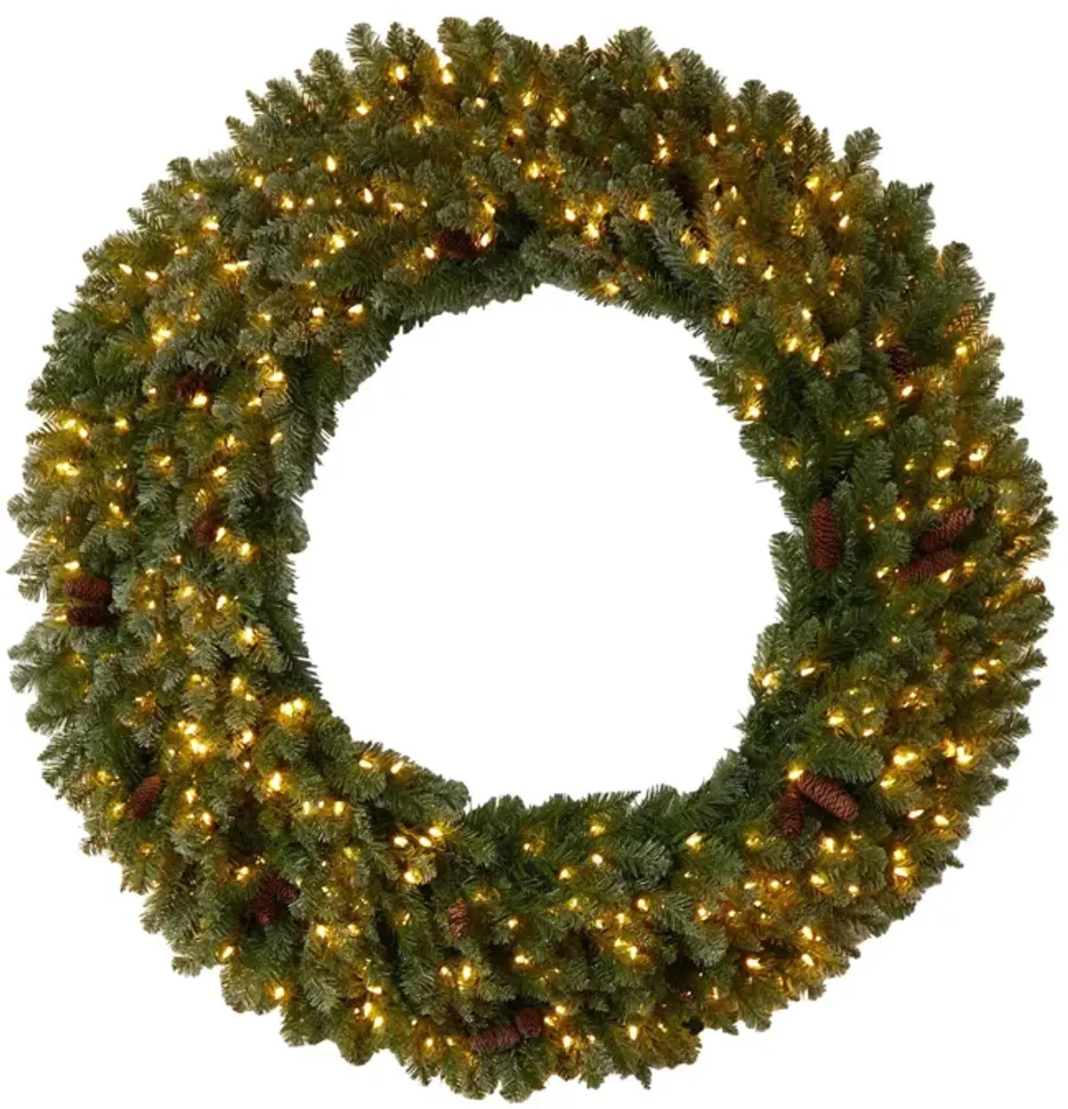 Nearly Natural 5-ft Flocked Artificial Christmas Wreath with Pinecones, 300 Clear LED Lights and 680 Bendable Branches