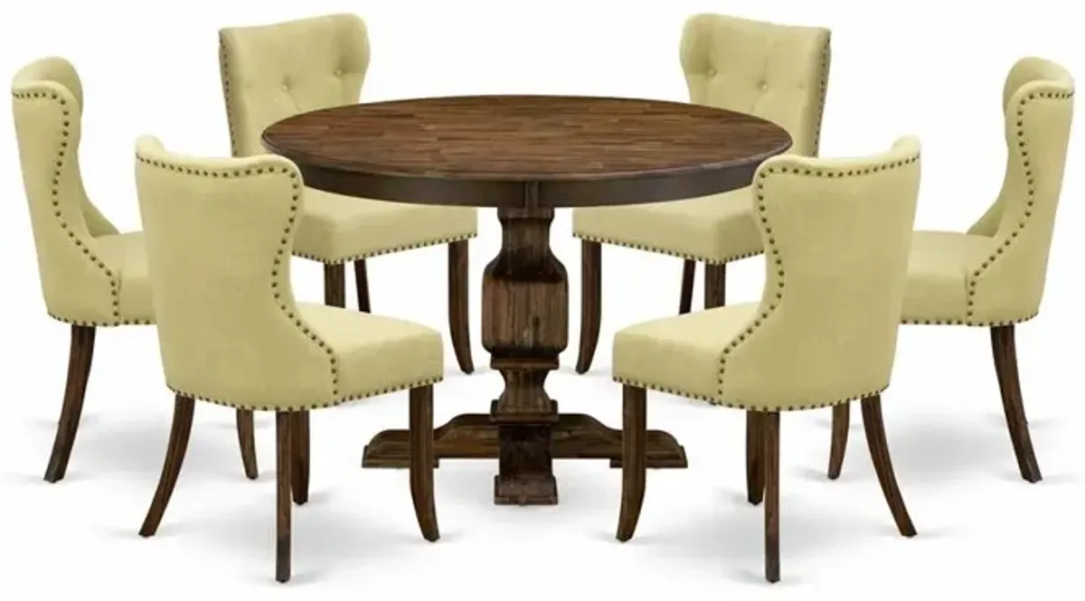 East West Furniture 7-Pc Dining Room Table Set - Modern Pedestal Dining Table and 6 Limelight Color Parson Wood Chairs with Button Tufted Back - Distressed Jacobean Finish