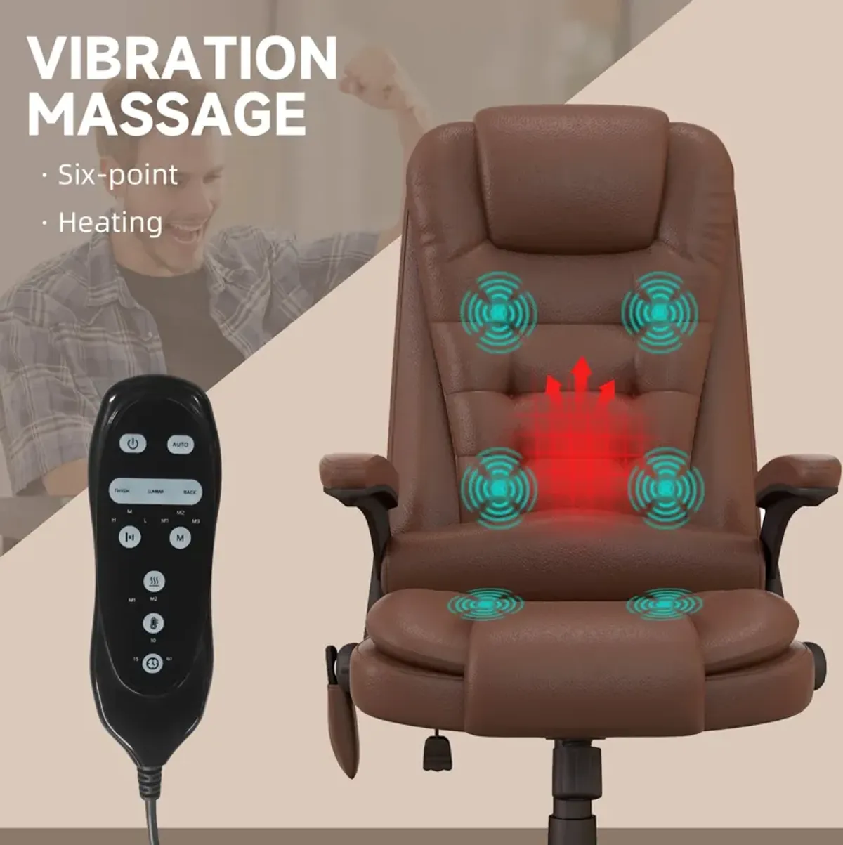 Brown Massage Office Chair: 6 Vibration Points, 3 Heat Modes