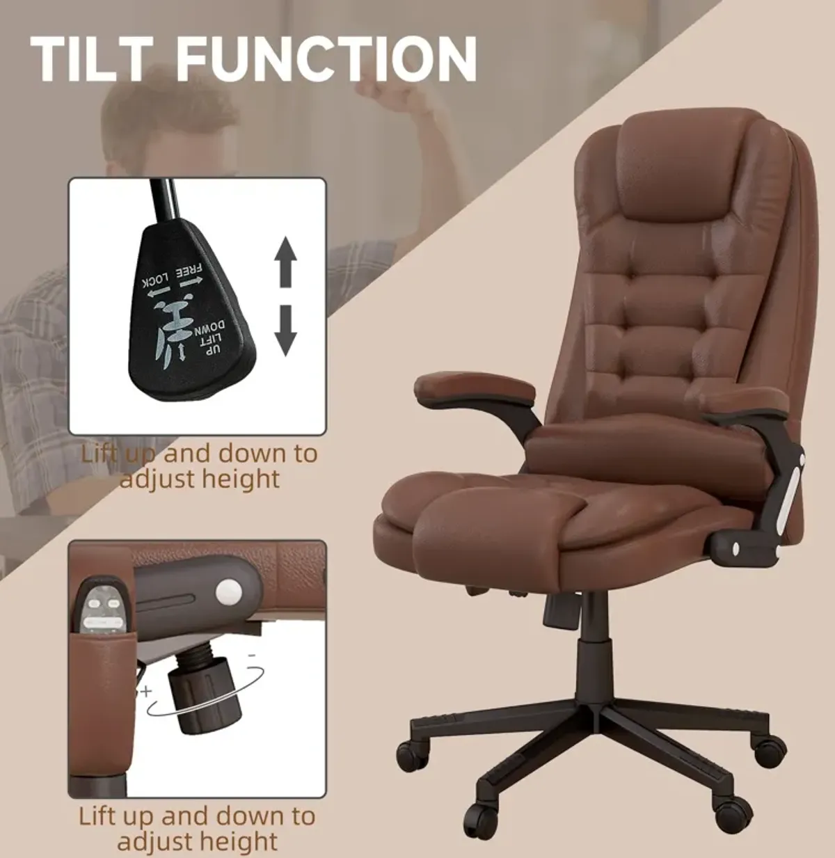 Brown Massage Office Chair: 6 Vibration Points, 3 Heat Modes