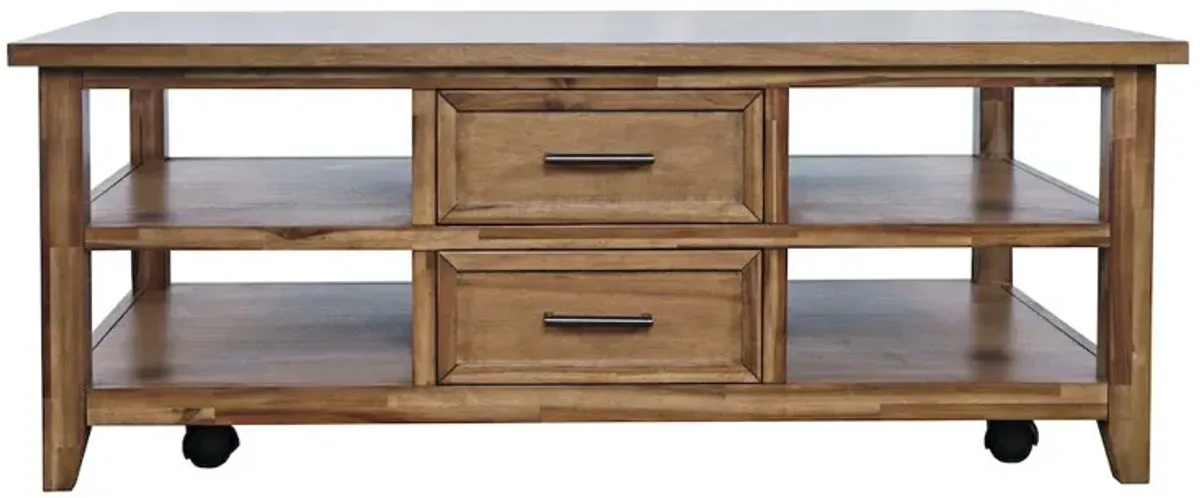 Jofran Claremont 48 Transitional Rustic Wood Coffee Table with Wheels