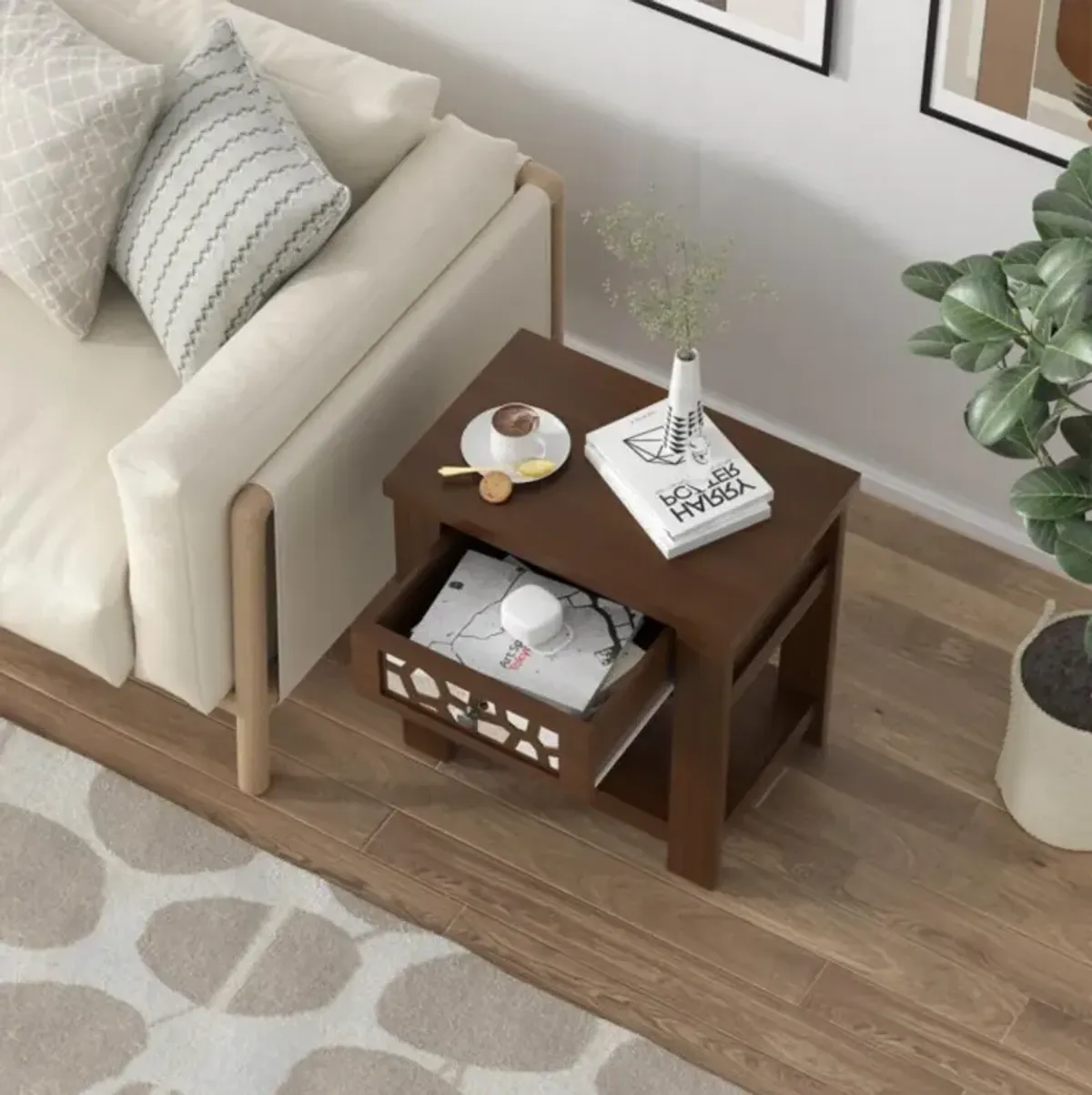 Hivvago Wood Retro End Table with Mirrored Glass Drawer and Open Storage Shelf