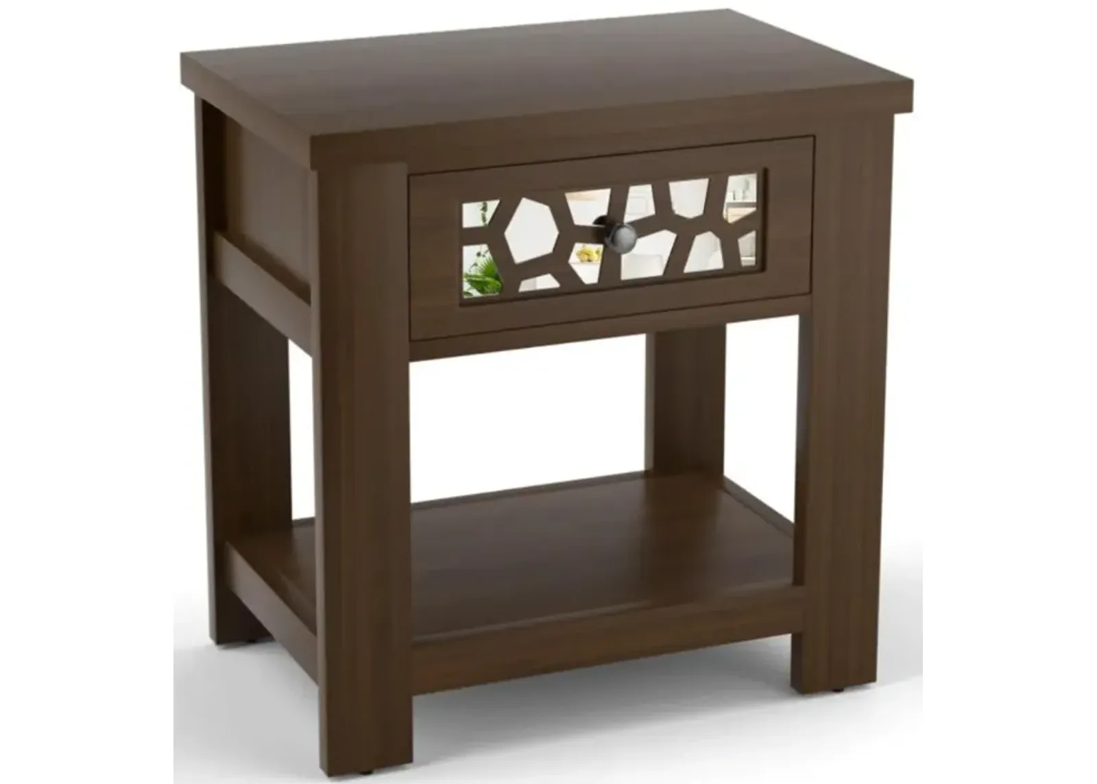 Hivvago Wood Retro End Table with Mirrored Glass Drawer and Open Storage Shelf