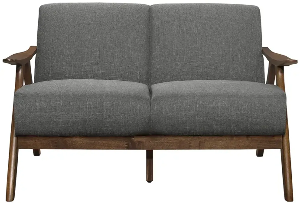 Indy 51 Inch Loveseat, Brown Wood Angled Frame, Textured Light Gray Fabric - Benzara