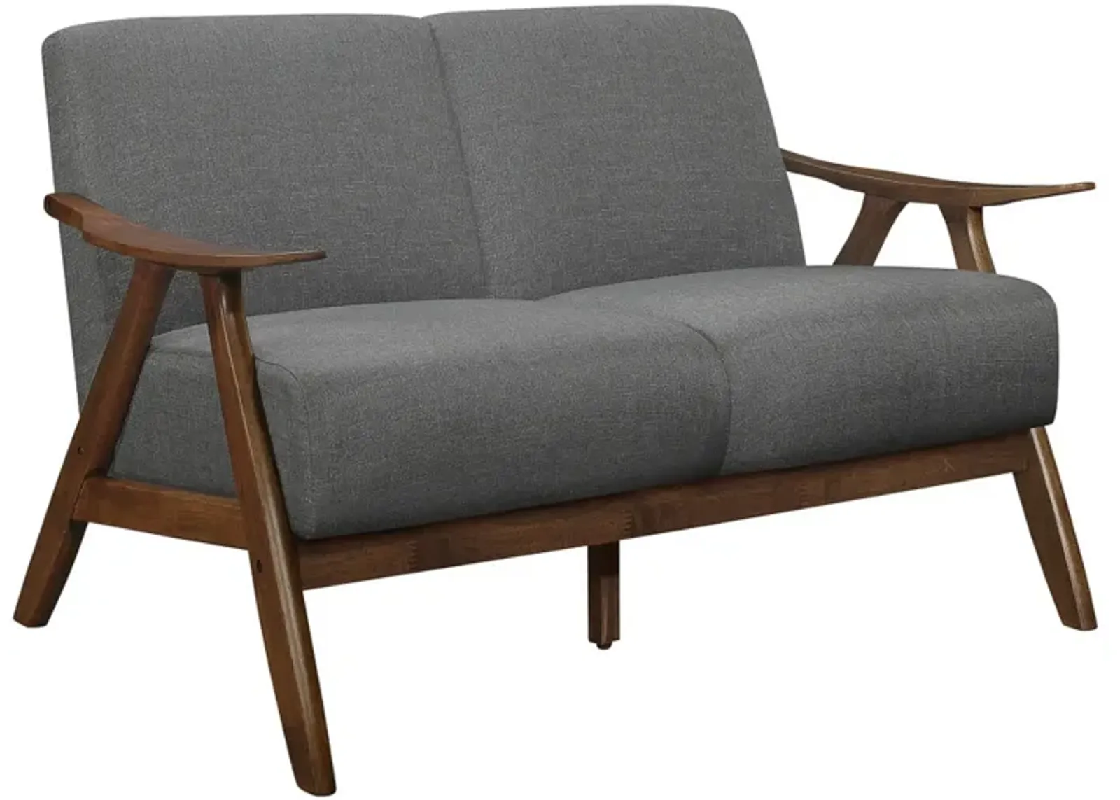 Indy 51 Inch Loveseat, Brown Wood Angled Frame, Textured Light Gray Fabric - Benzara