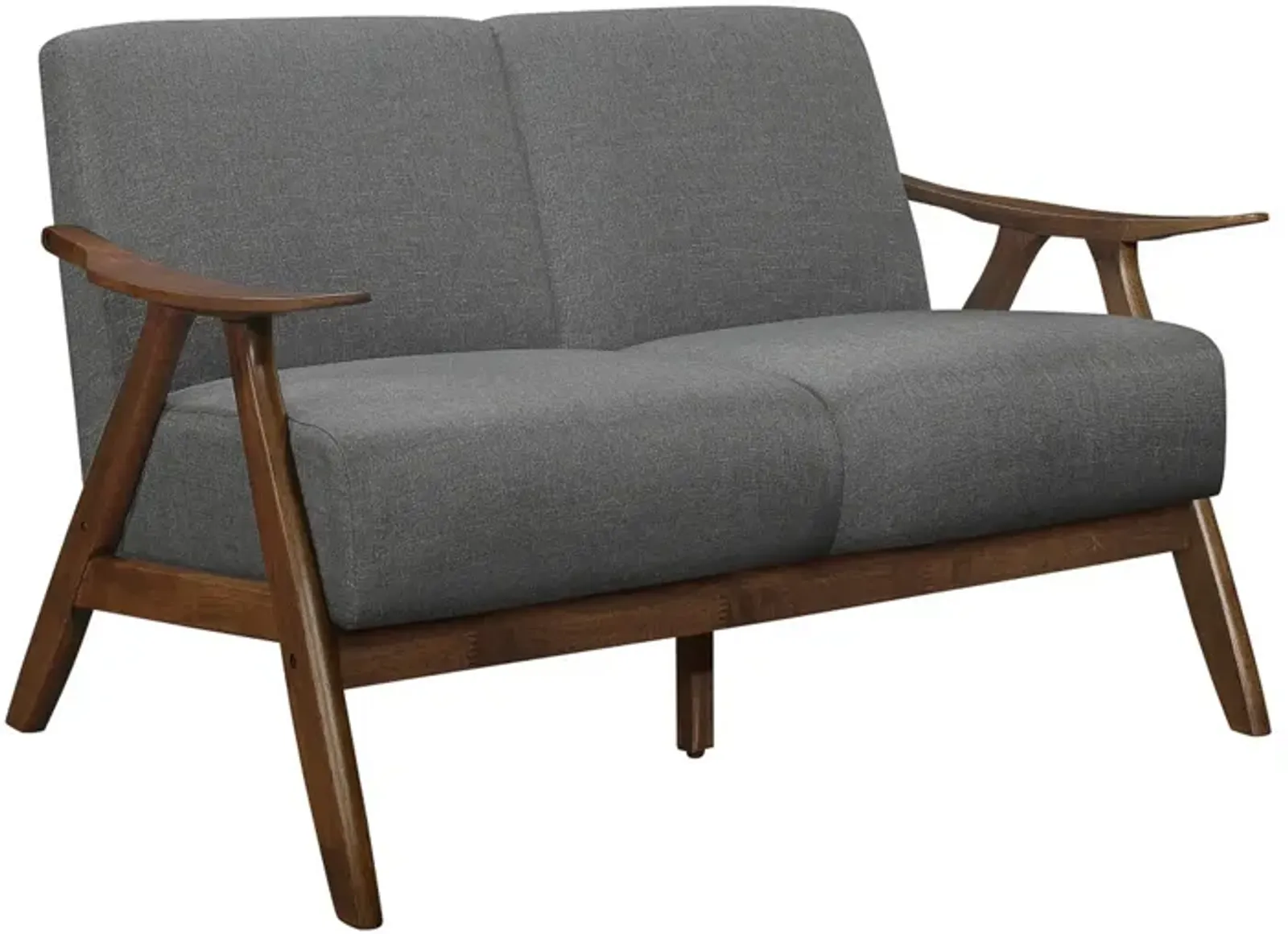 Indy 51 Inch Loveseat, Brown Wood Angled Frame, Textured Light Gray Fabric - Benzara