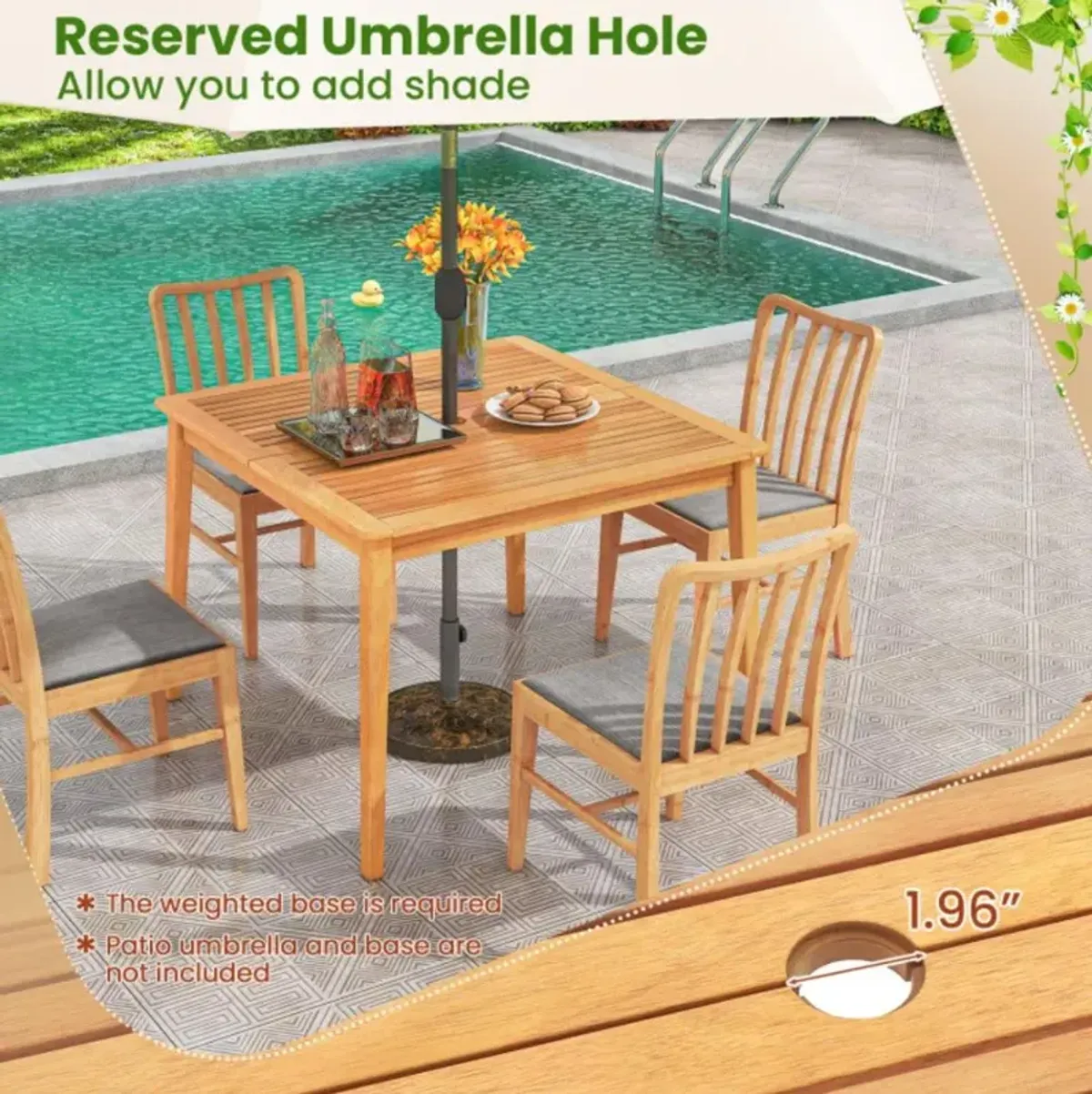 Hivvago 39 Inch Acacia Wood Dining Square Bistro Table with 1.96 Inch Umbrella Hole