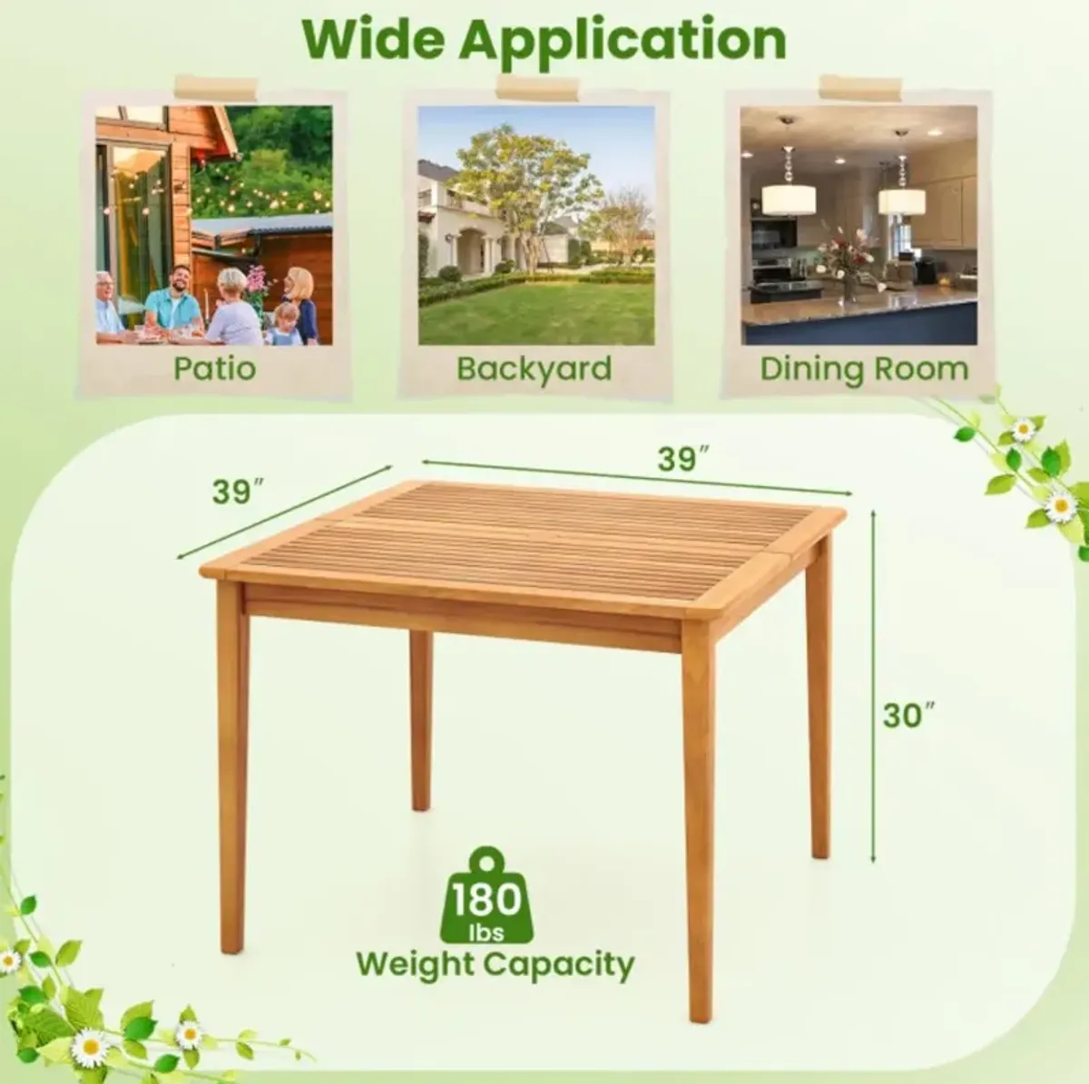 Hivvago 39 Inch Acacia Wood Dining Square Bistro Table with 1.96 Inch Umbrella Hole