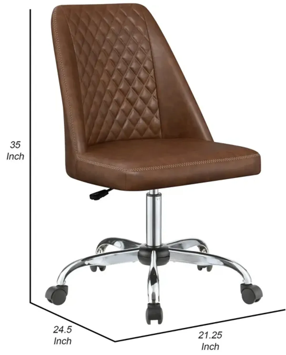 Leatherette Office Chair with Sloped Back and Diamond Stitching, Brown-Benzara