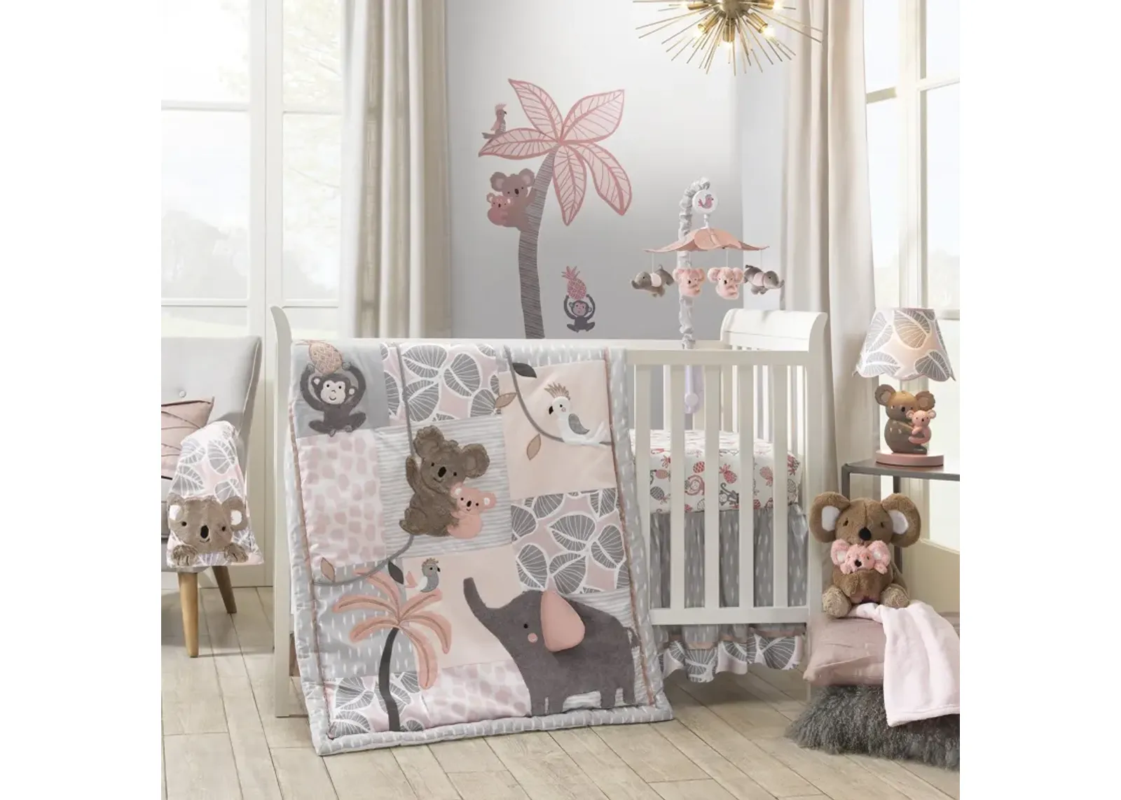 Lambs & Ivy Calypso 4-Piece Crib Bedding Set - Pink, Gray, Gold, Animals, Jungle