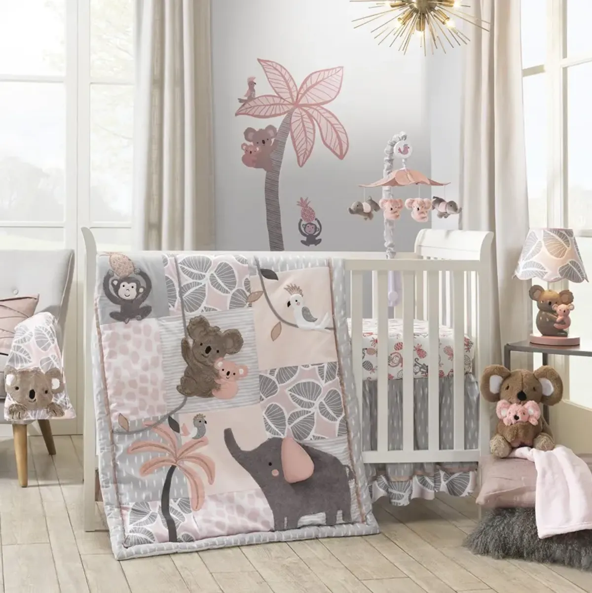 Lambs & Ivy Calypso 4-Piece Crib Bedding Set - Pink, Gray, Gold, Animals, Jungle