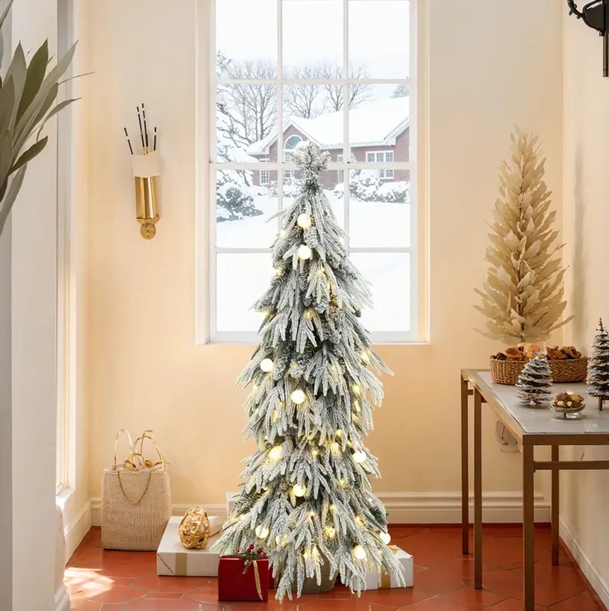 LuxenHome 4.5Ft Pre-Lit Snow Flocked Slender Fir Artificial Christmas Tree