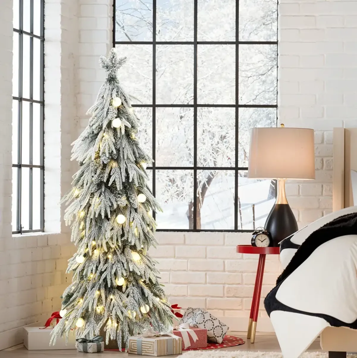 LuxenHome 4.5Ft Pre-Lit Snow Flocked Slender Fir Artificial Christmas Tree