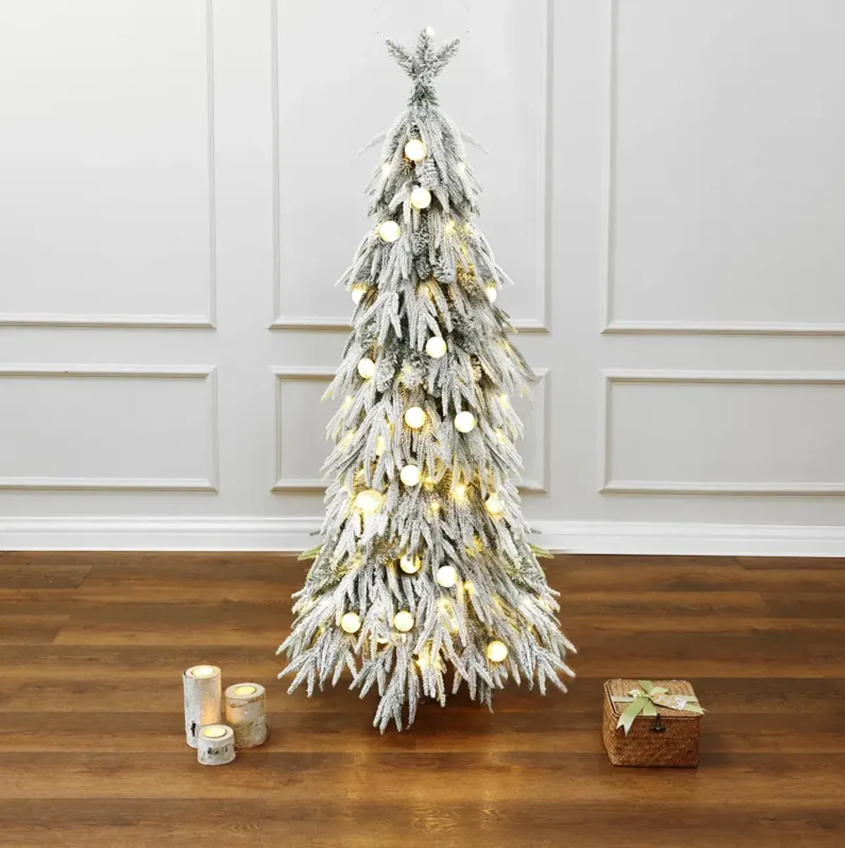 LuxenHome 4.5Ft Pre-Lit Snow Flocked Slender Fir Artificial Christmas Tree