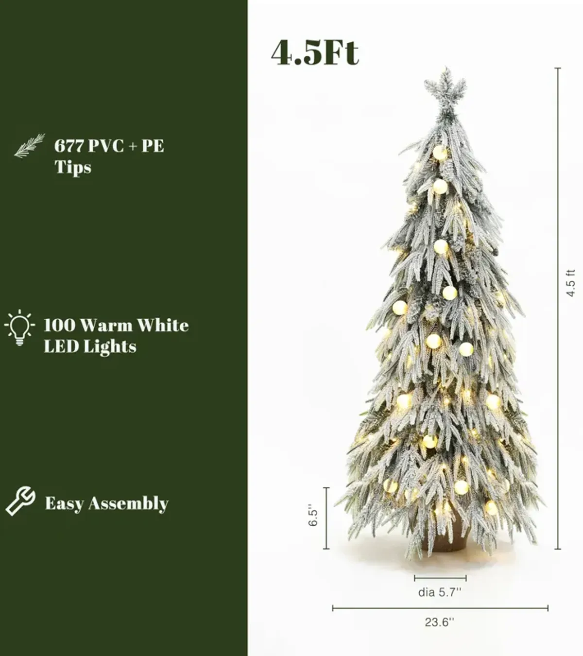 LuxenHome 4.5Ft Pre-Lit Snow Flocked Slender Fir Artificial Christmas Tree