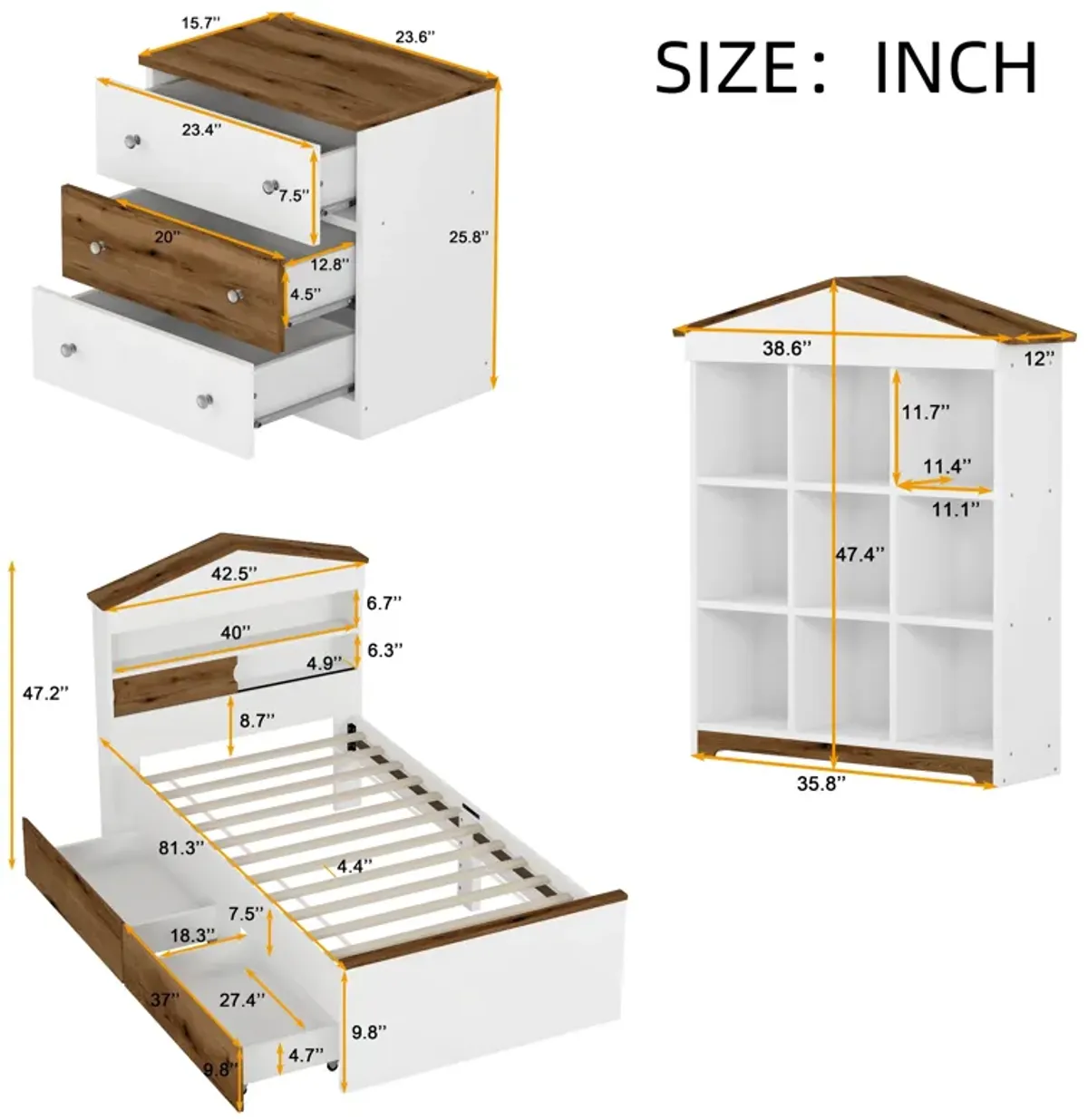 Merax 3-Pieces Bedroom Bed Nightstand and Stroage Rack Sets