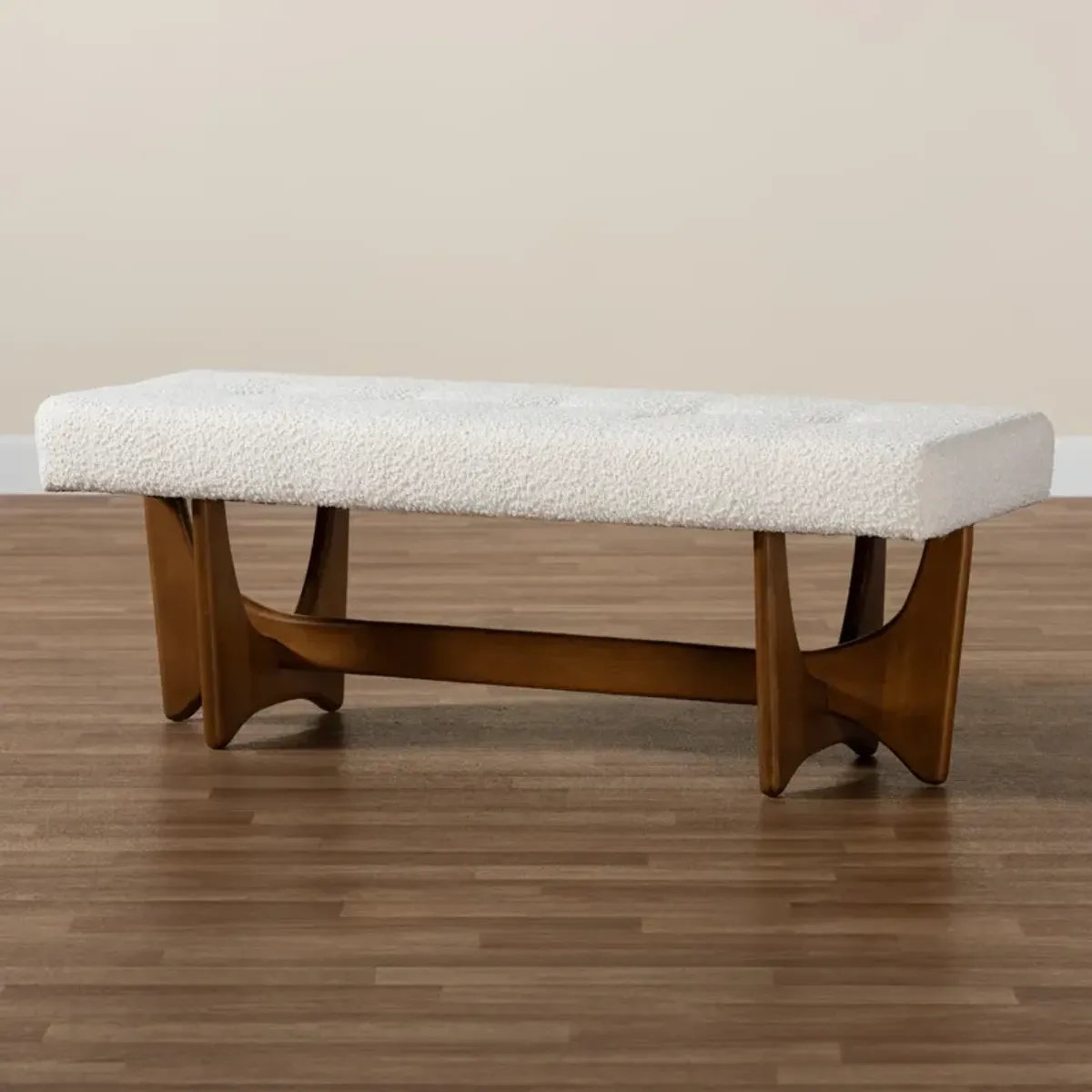 Baxton Studio Theo Japandi Cream Boucle Fabric and Walnut Brown Finished Wood Bench