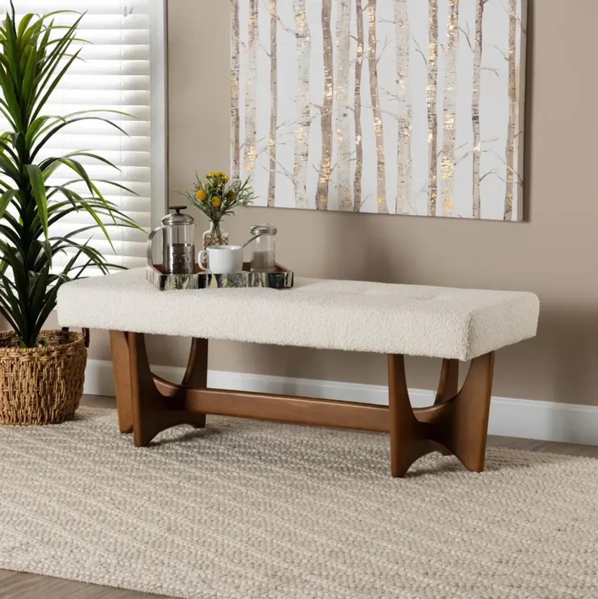 Baxton Studio Theo Japandi Cream Boucle Fabric and Walnut Brown Finished Wood Bench