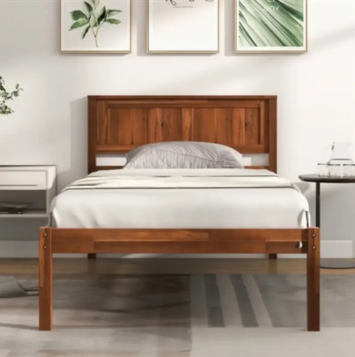 Retro Wood Platform Bed Frame with Headboard for Modern or Vintage Bedrooms