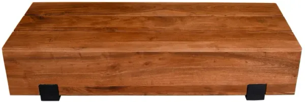 45 Inch Vesavi Handcrafted Rectangular Acacia Wood Coffee Table, Industrial Metal Sled Base, Brown and Black-Benzara
